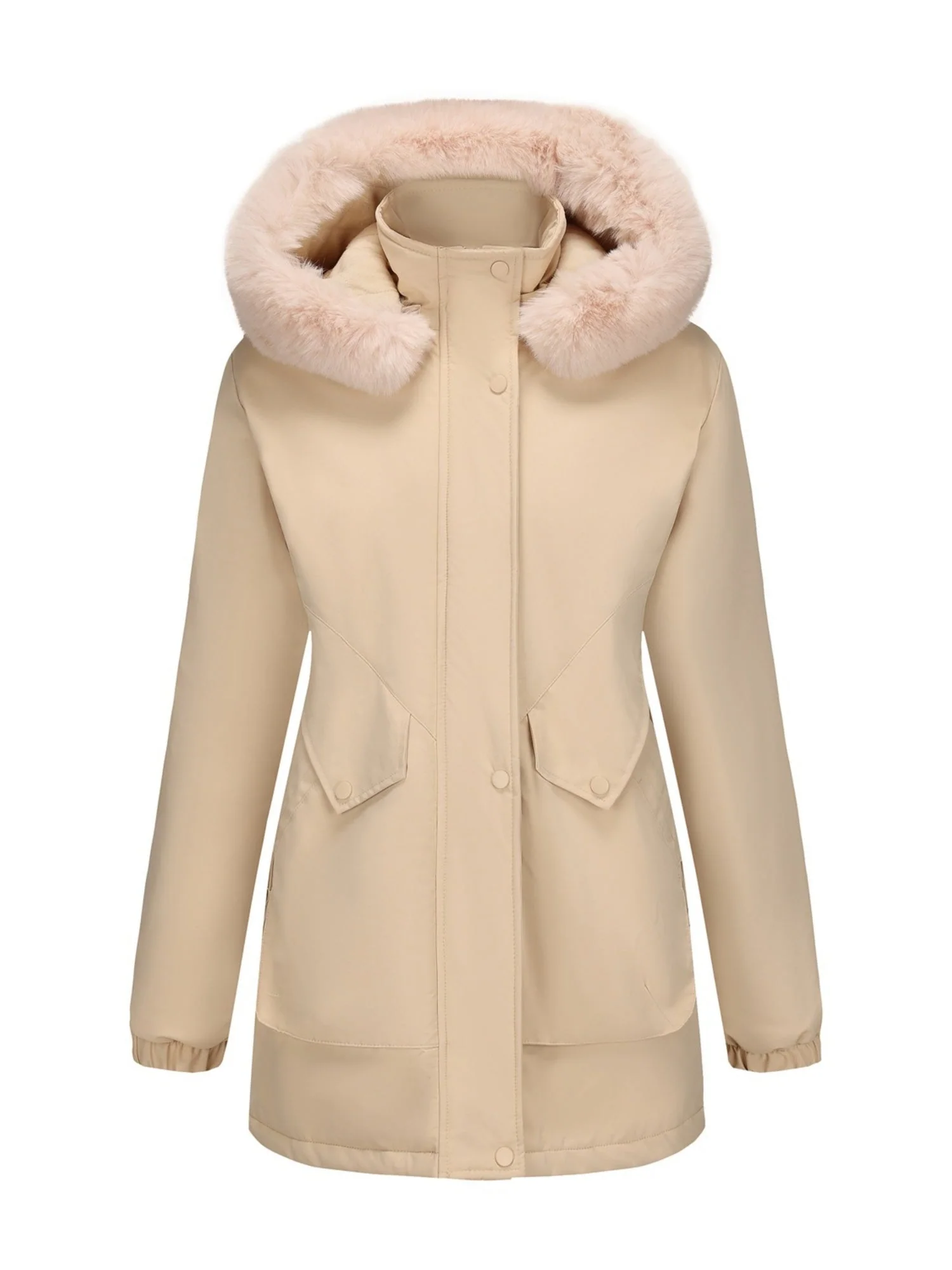 With Fur Collar Hooded For Warmth Drawstring Pocket Down Jacket - Image 3