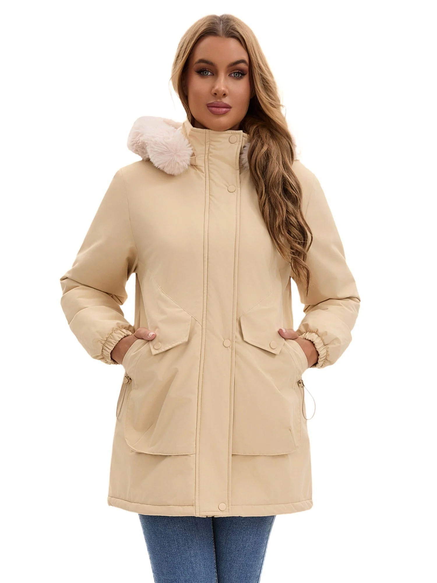 With Fur Collar Hooded For Warmth Drawstring Pocket Down Jacket - Image 4