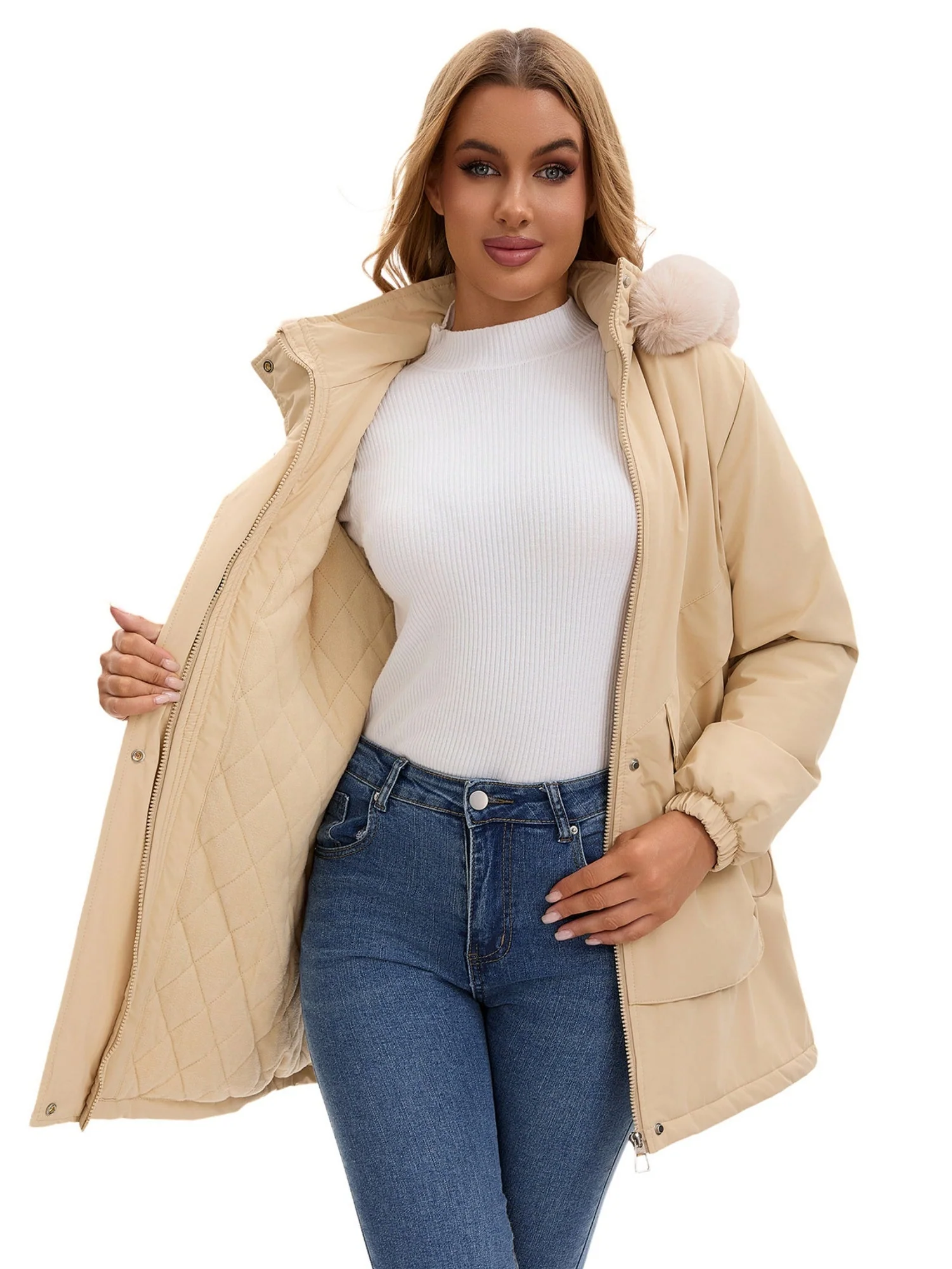 With Fur Collar Hooded For Warmth Drawstring Pocket Down Jacket - Image 5