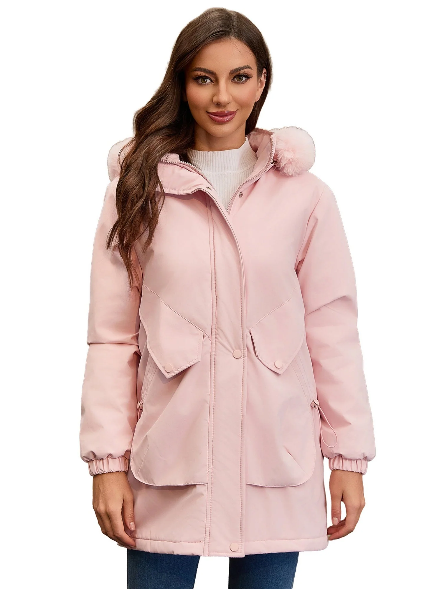 With Fur Collar Hooded For Warmth Drawstring Pocket Down Jacket - Image 7