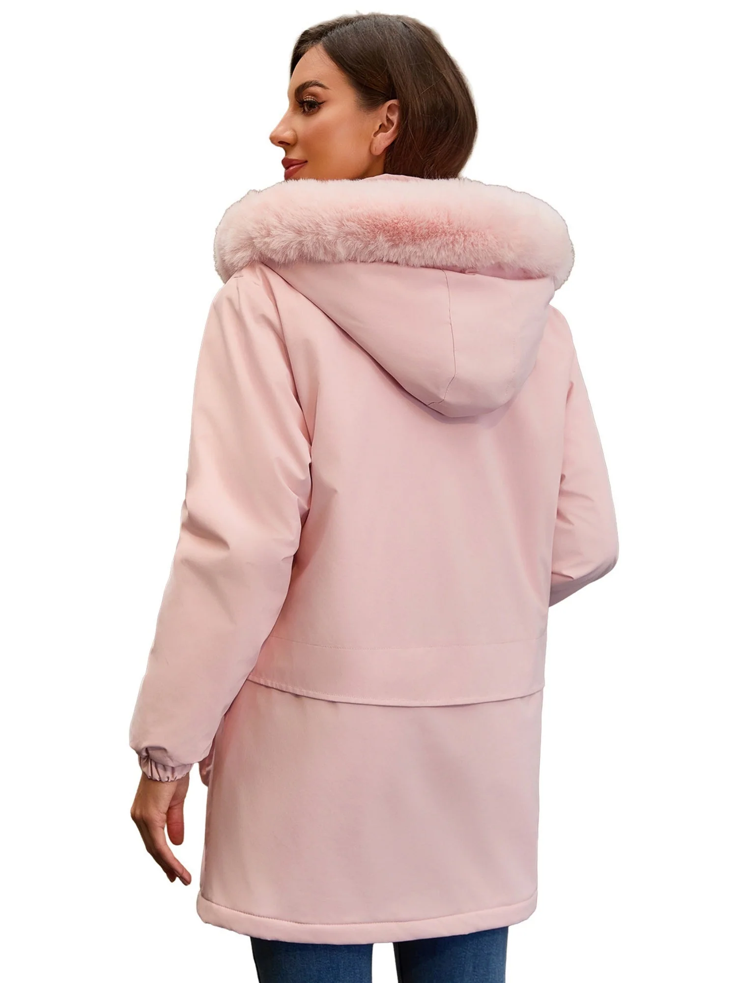 With Fur Collar Hooded For Warmth Drawstring Pocket Down Jacket - Image 8