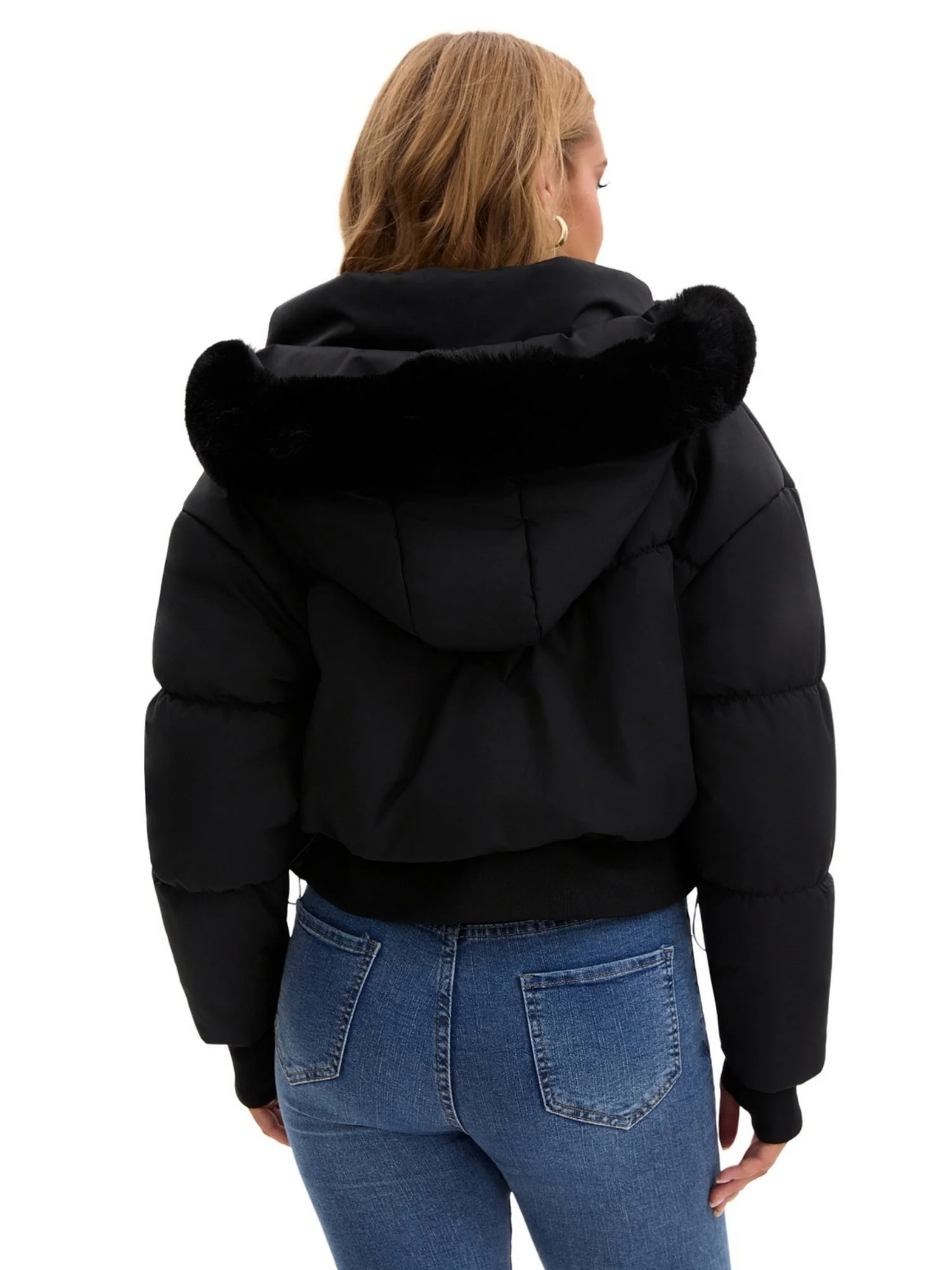 Large Fur Collar Hooded Pockets Short Waist Down Jacket - Image 2