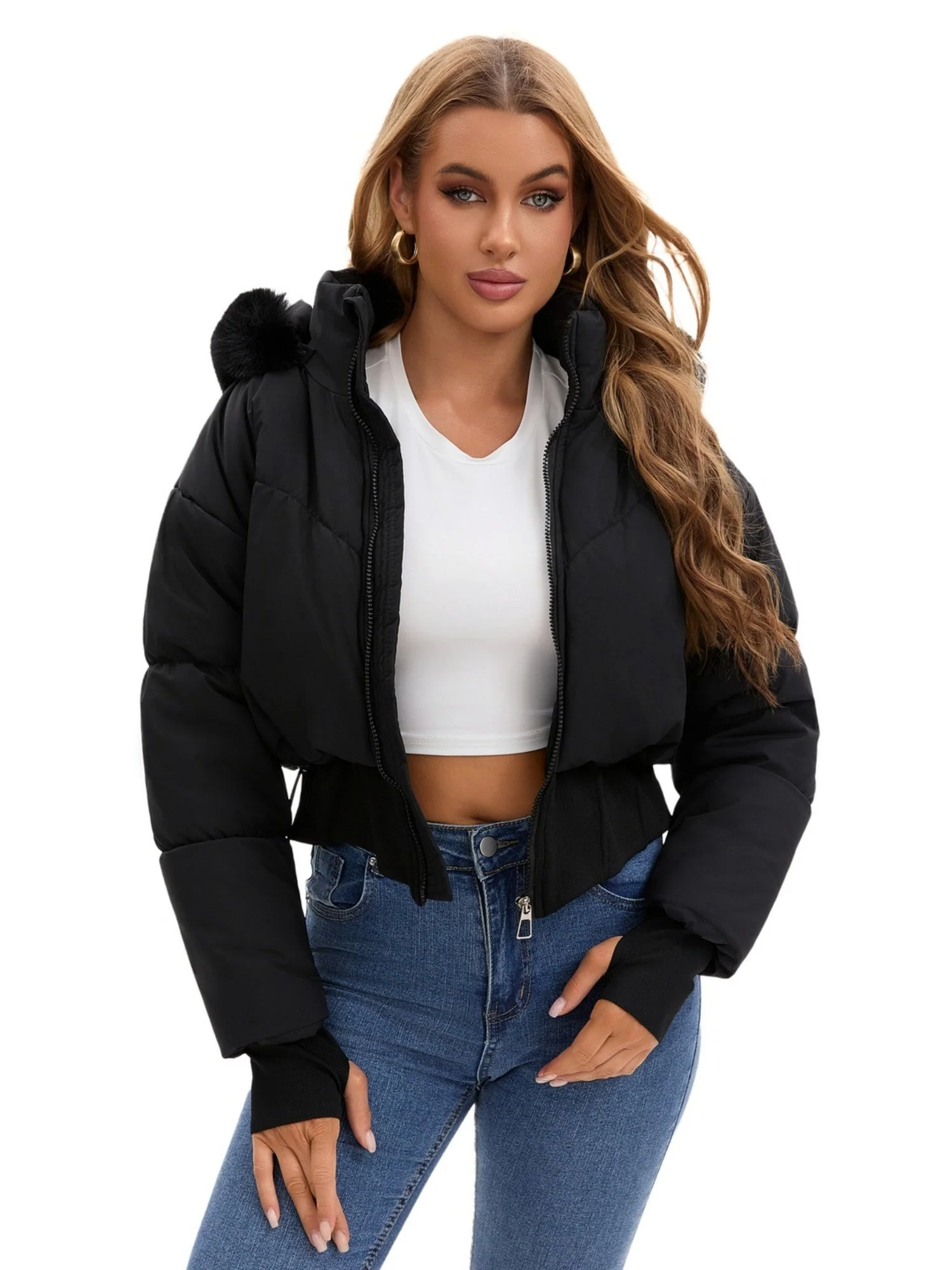 Large Fur Collar Hooded Pockets Short Waist Down Jacket - Image 3