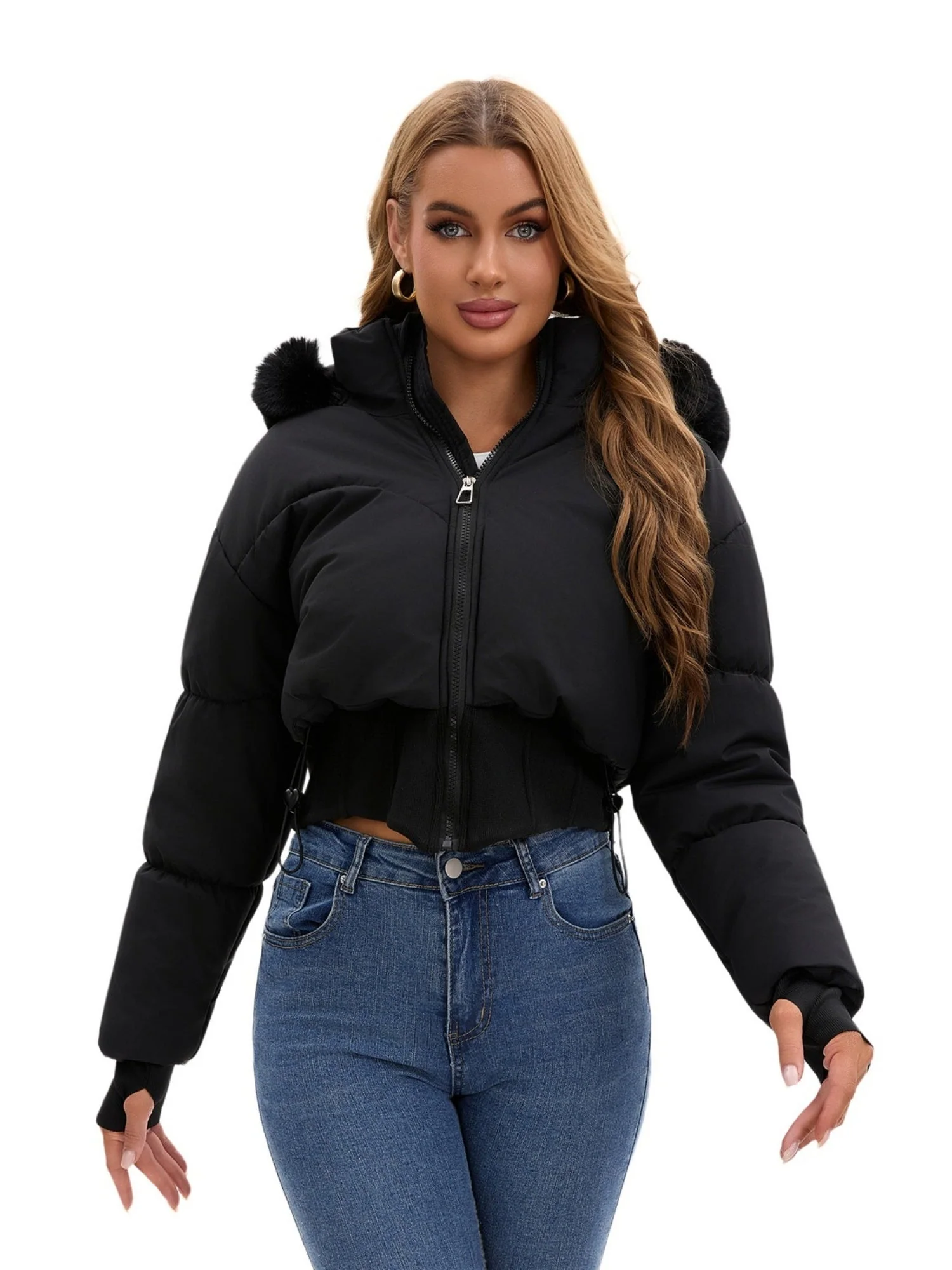 Large Fur Collar Hooded Pockets Short Waist Down Jacket - Image 5