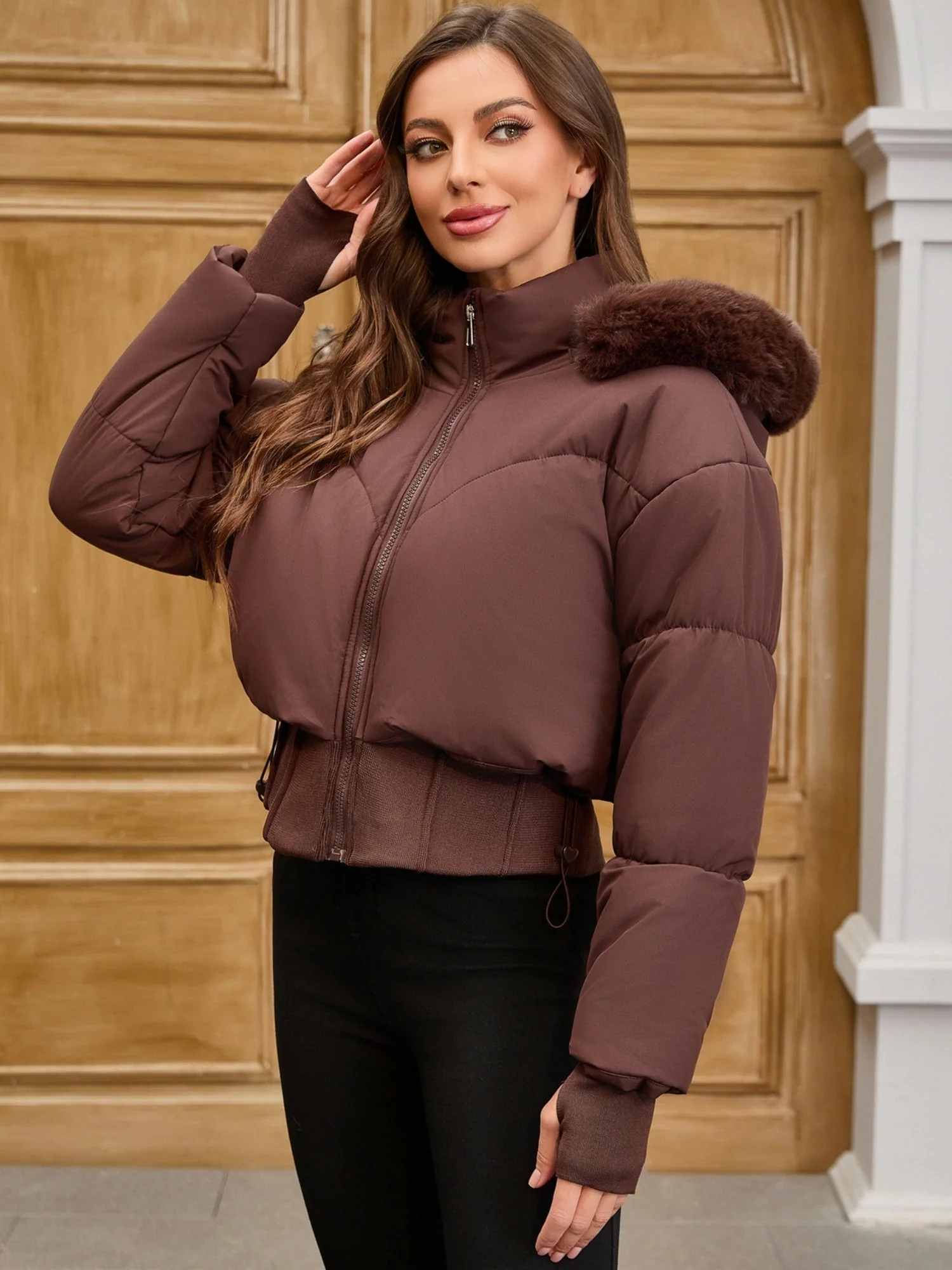 Large Fur Collar Hooded Pockets Short Waist Down Jacket - Image 7
