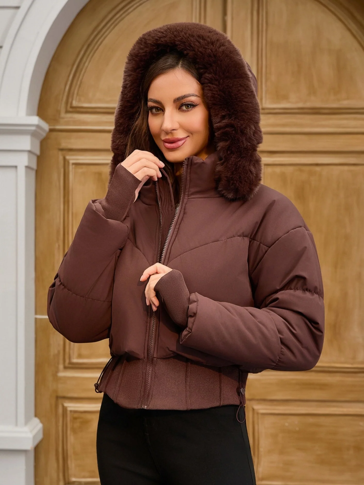 Large Fur Collar Hooded Pockets Short Waist Down Jacket - Image 8
