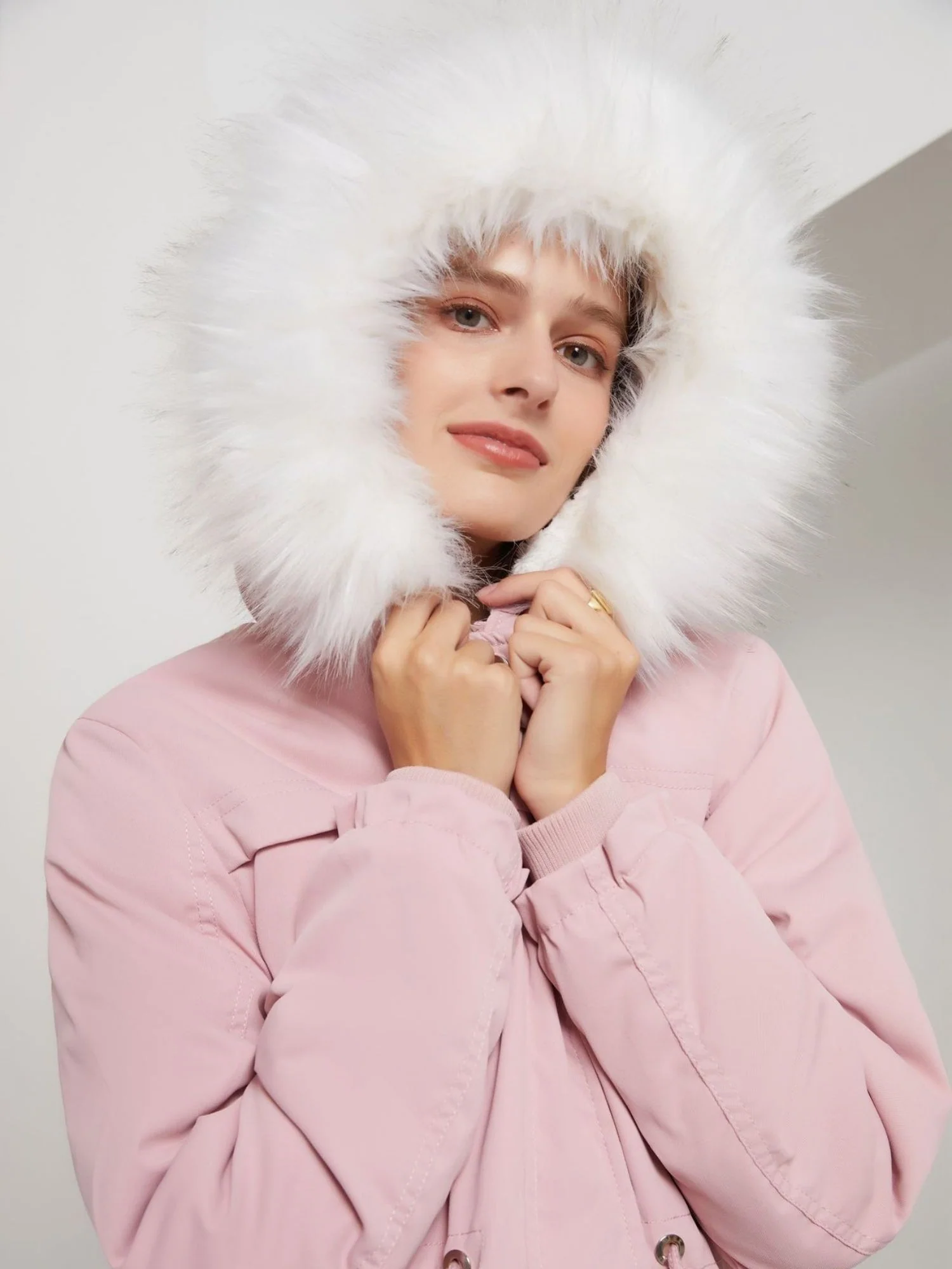 With Fur Collar Fleece Lined Hooded For Warmth Drawstring Pocket Down Jacket - Image 3