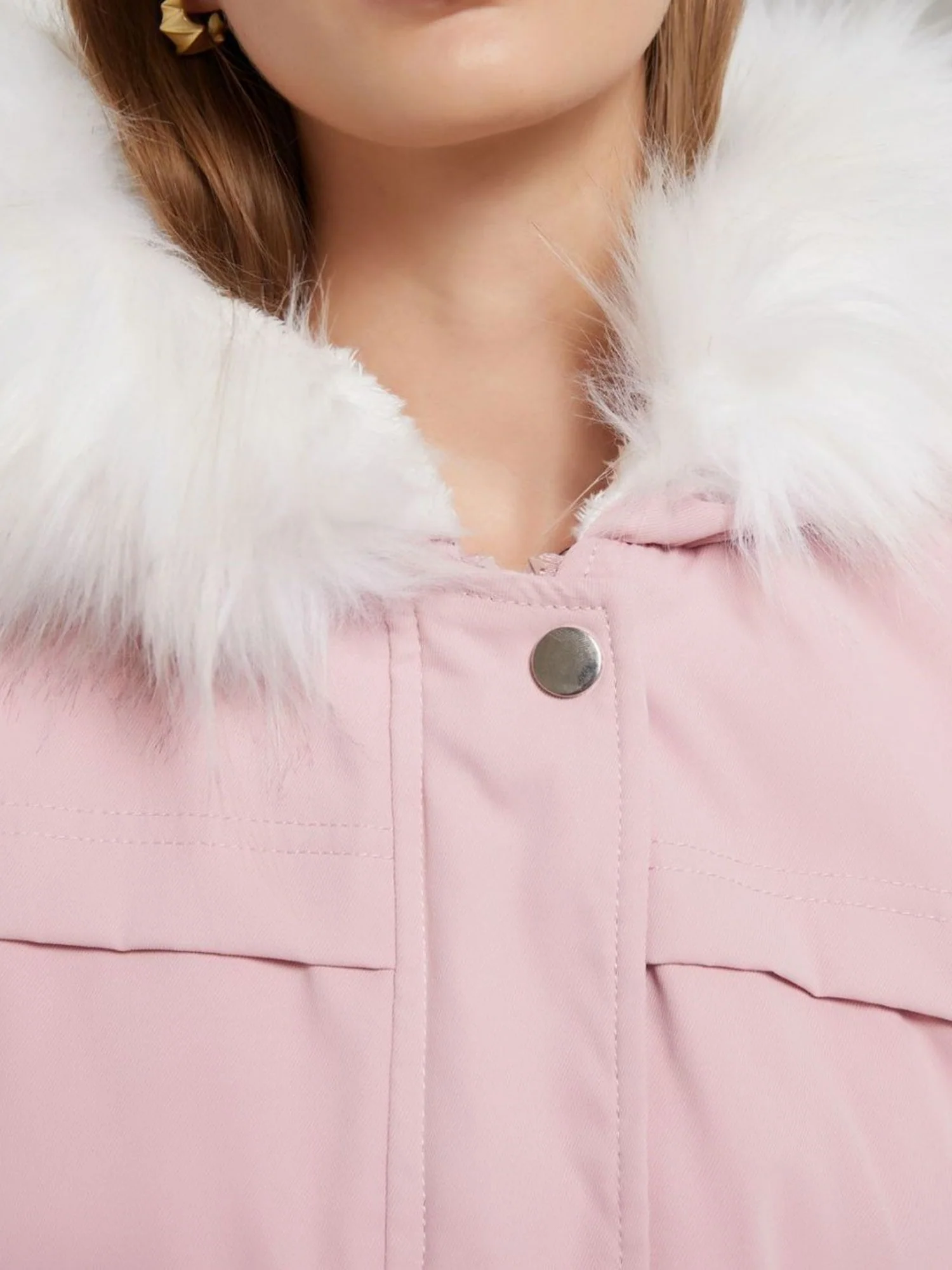 With Fur Collar Fleece Lined Hooded For Warmth Drawstring Pocket Down Jacket - Image 4