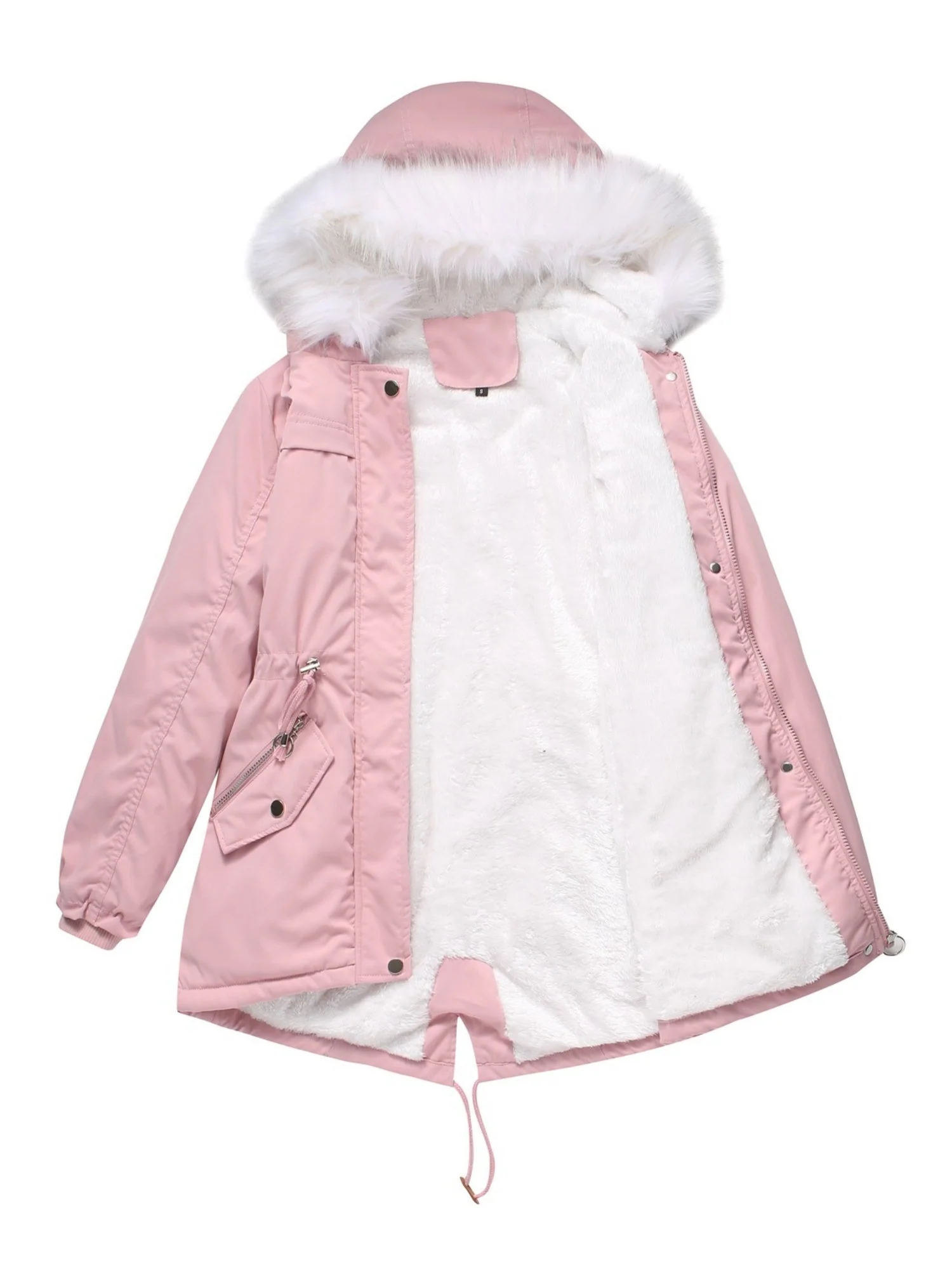 With Fur Collar Fleece Lined Hooded For Warmth Drawstring Pocket Down Jacket - Image 5