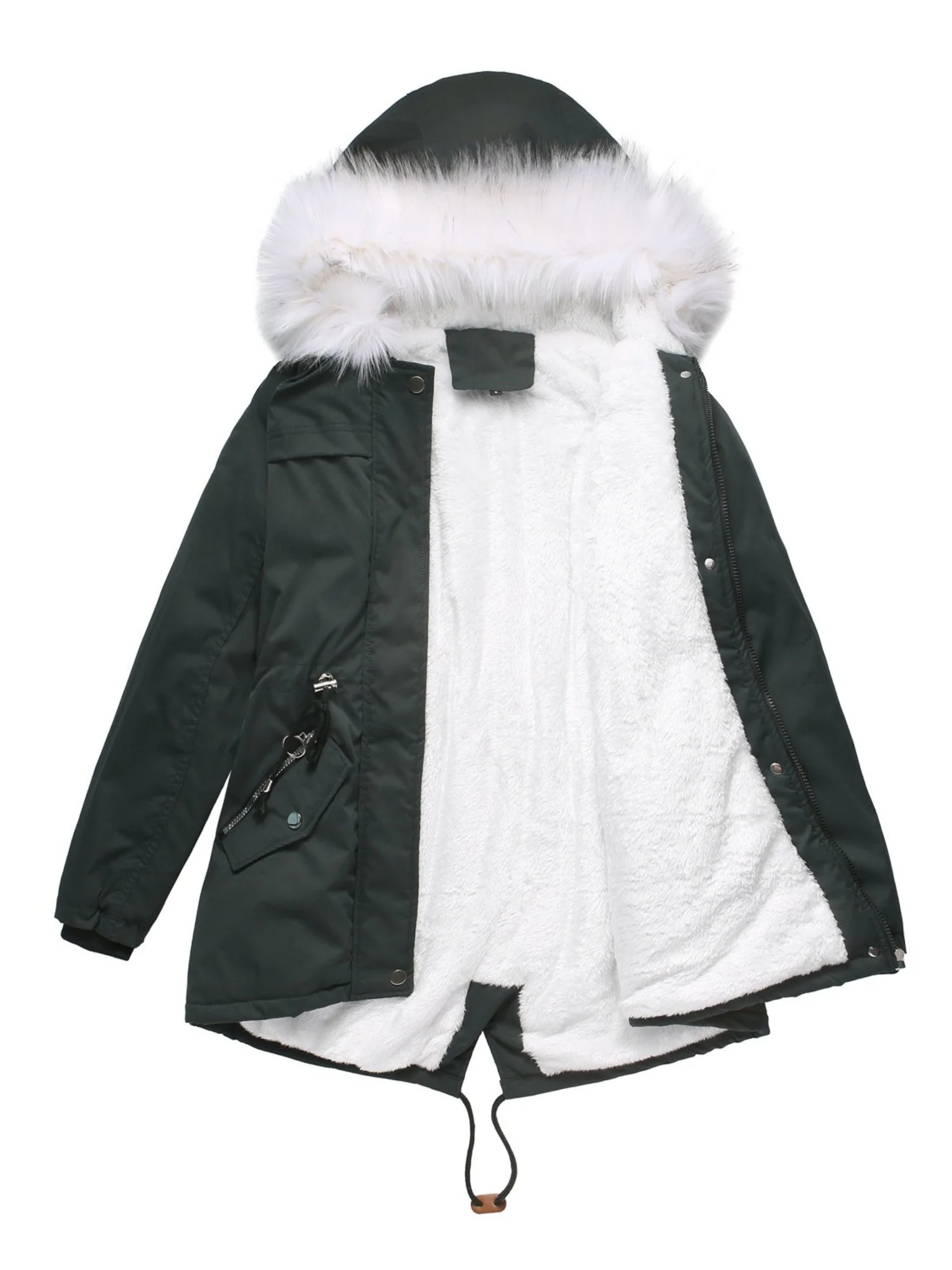 With Fur Collar Fleece Lined Hooded For Warmth Drawstring Pocket Down Jacket - Image 6