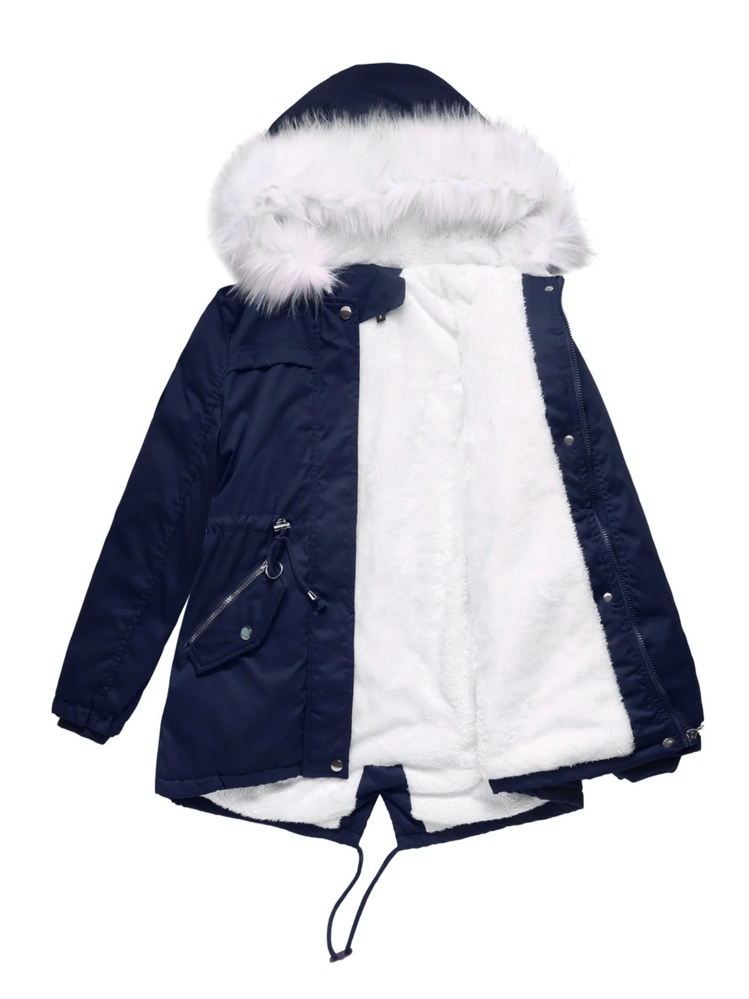 With Fur Collar Fleece Lined Hooded For Warmth Drawstring Pocket Down Jacket - Image 7