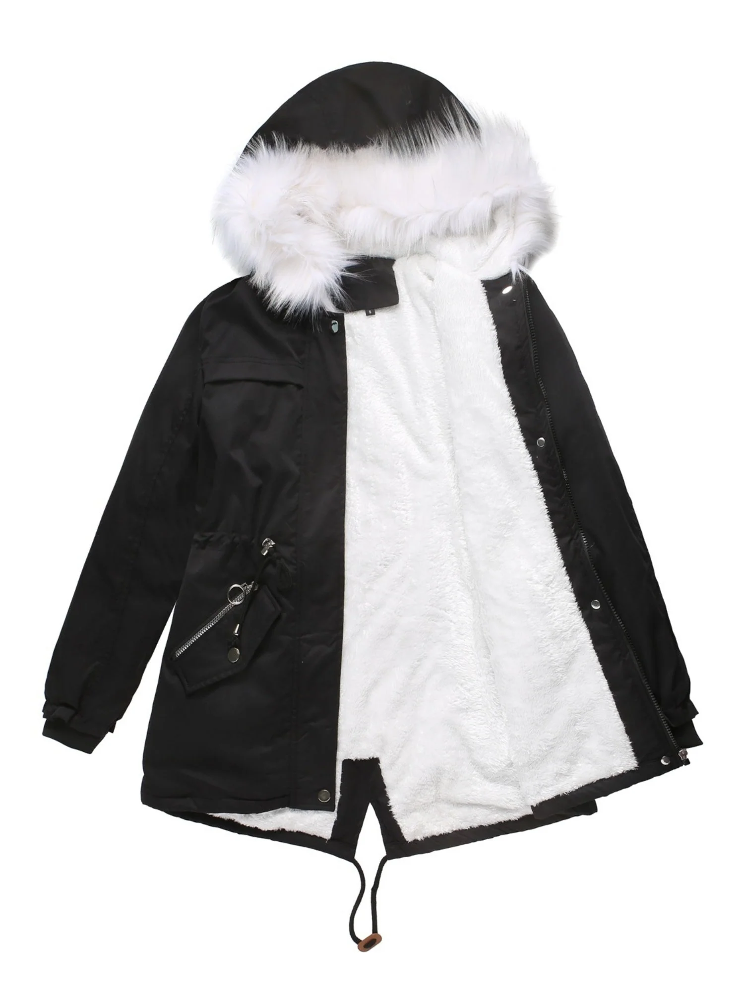 With Fur Collar Fleece Lined Hooded For Warmth Drawstring Pocket Down Jacket - Image 8