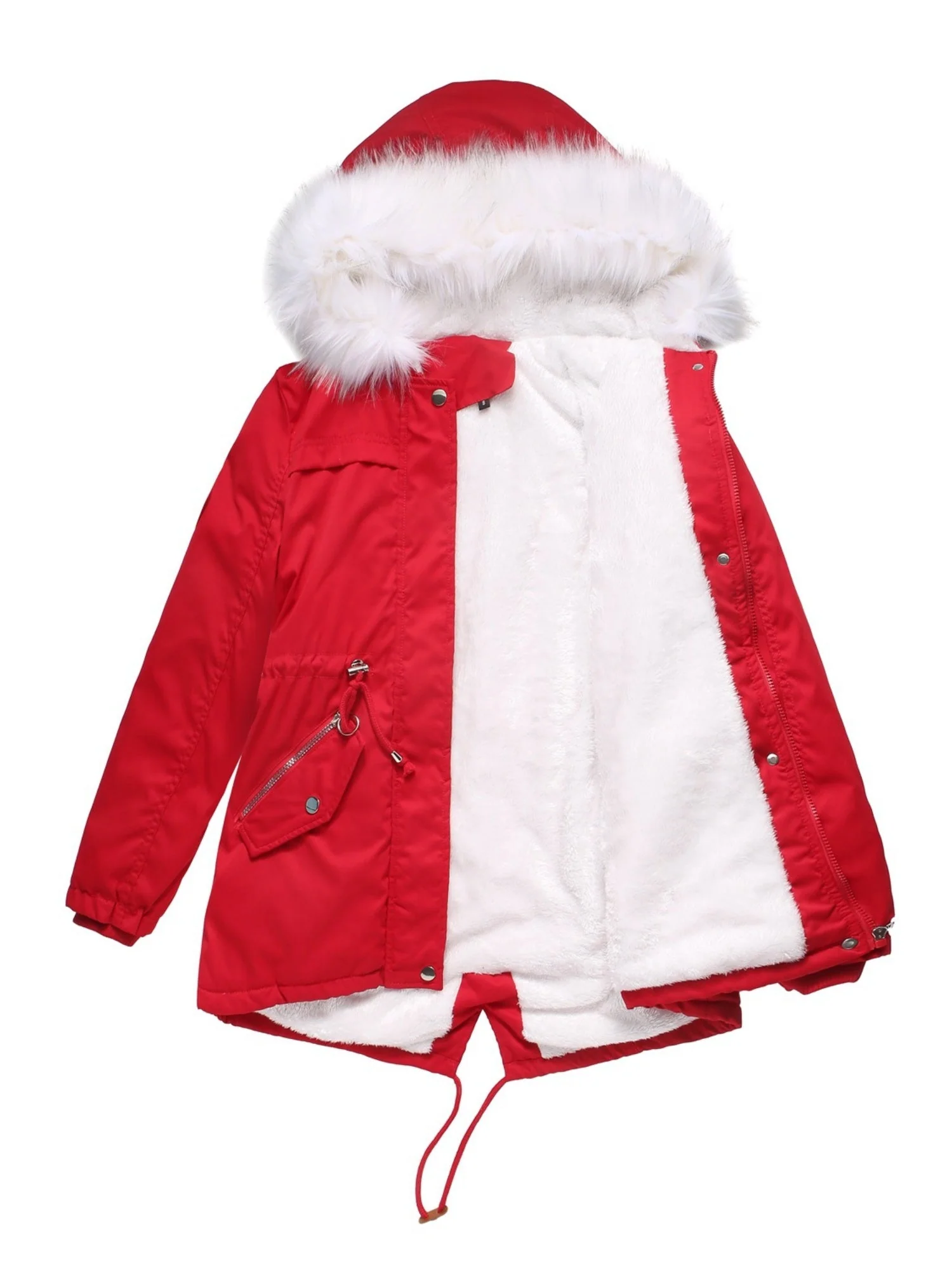 With Fur Collar Fleece Lined Hooded For Warmth Drawstring Pocket Down Jacket - Image 9