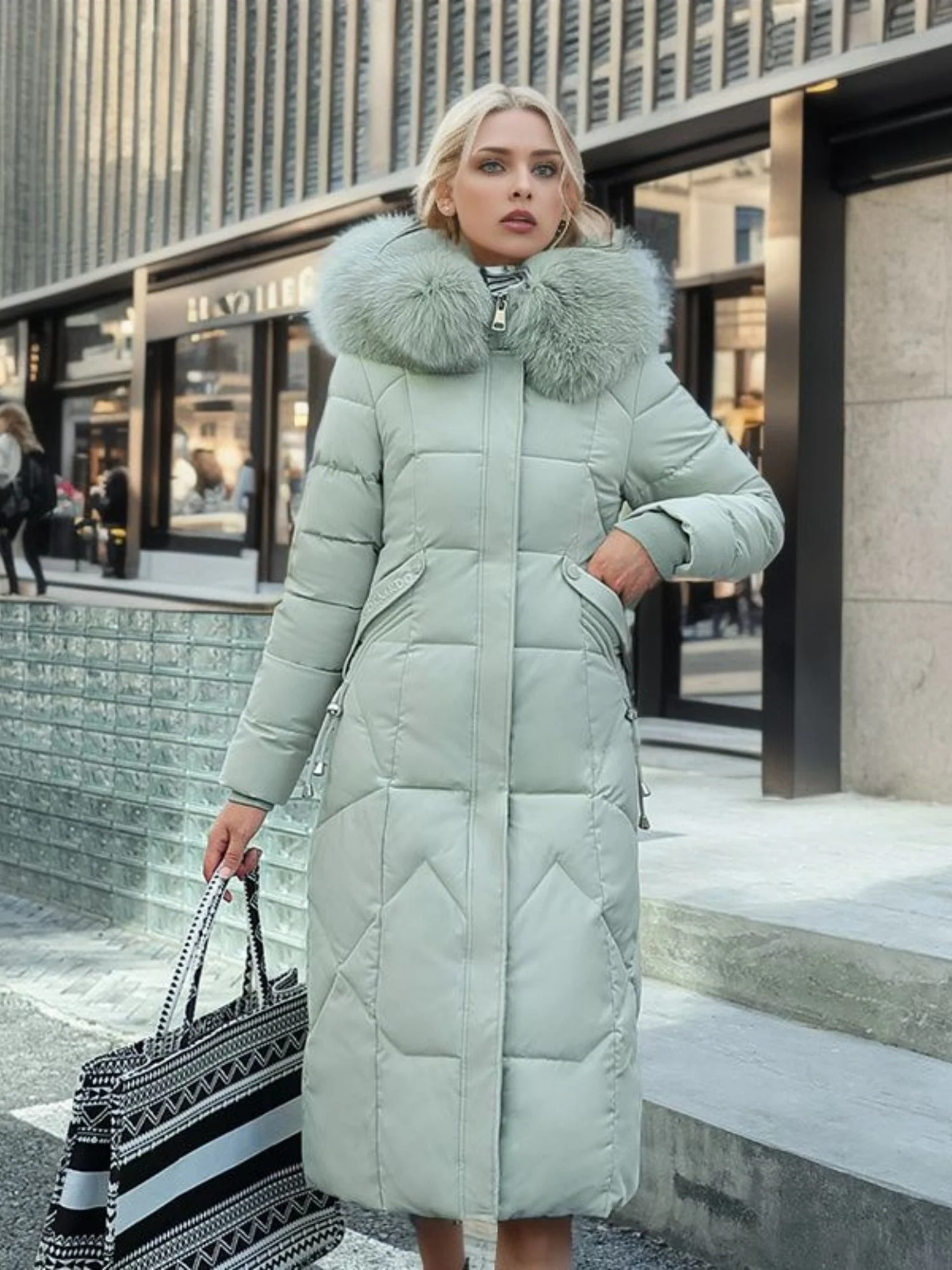 Thick Fur Collar Over-the-knee Mid-length Pocket Down Jacket - Image 10