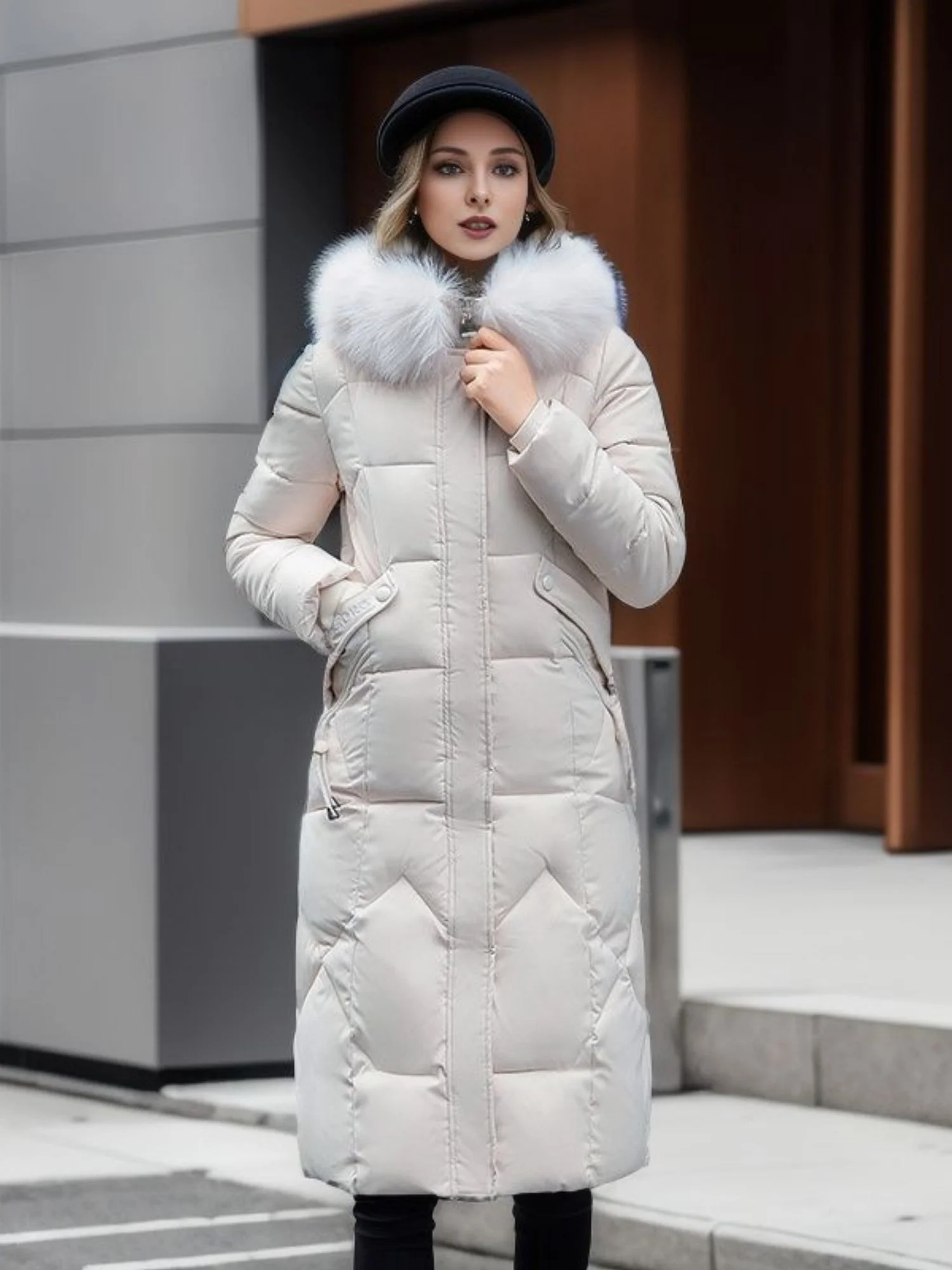 Thick Fur Collar Over-the-knee Mid-length Pocket Down Jacket - Image 3
