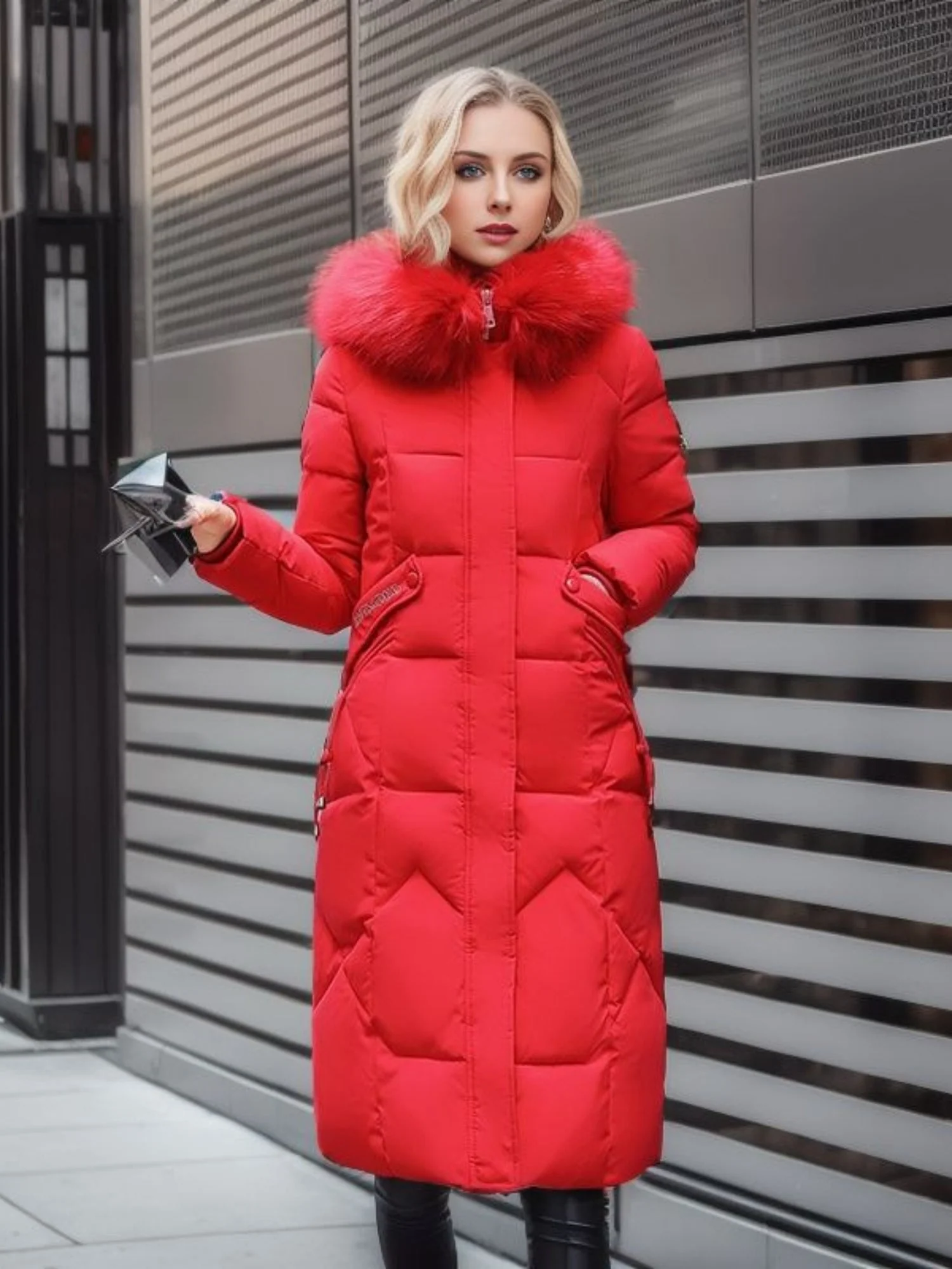 Thick Fur Collar Over-the-knee Mid-length Pocket Down Jacket - Image 4