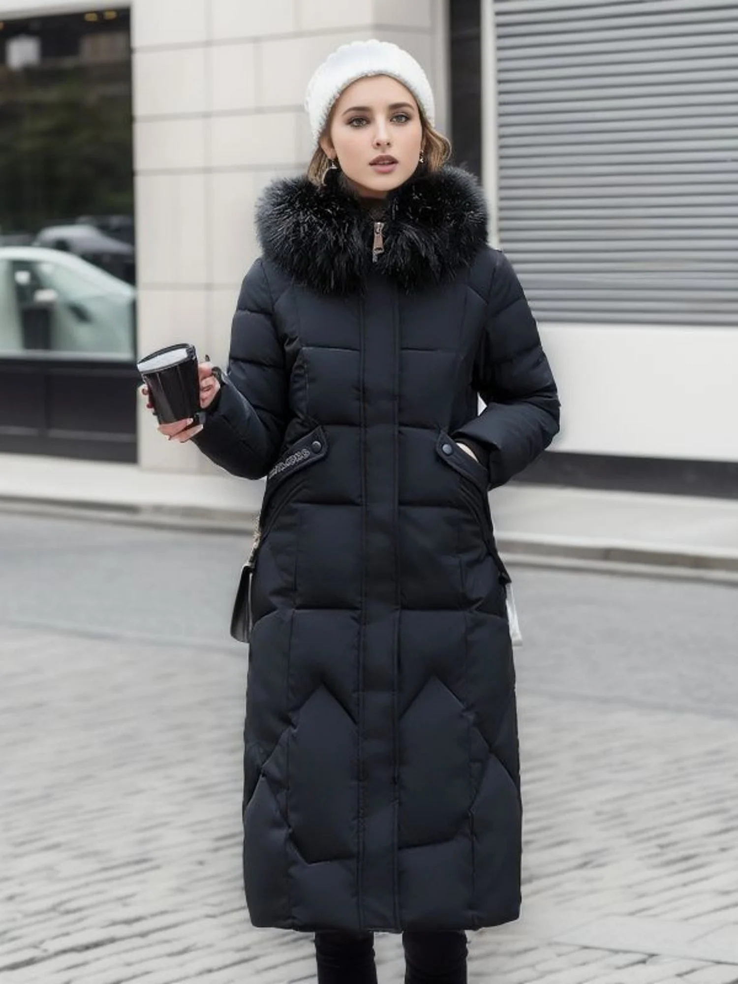 Thick Fur Collar Over-the-knee Mid-length Pocket Down Jacket - Image 6