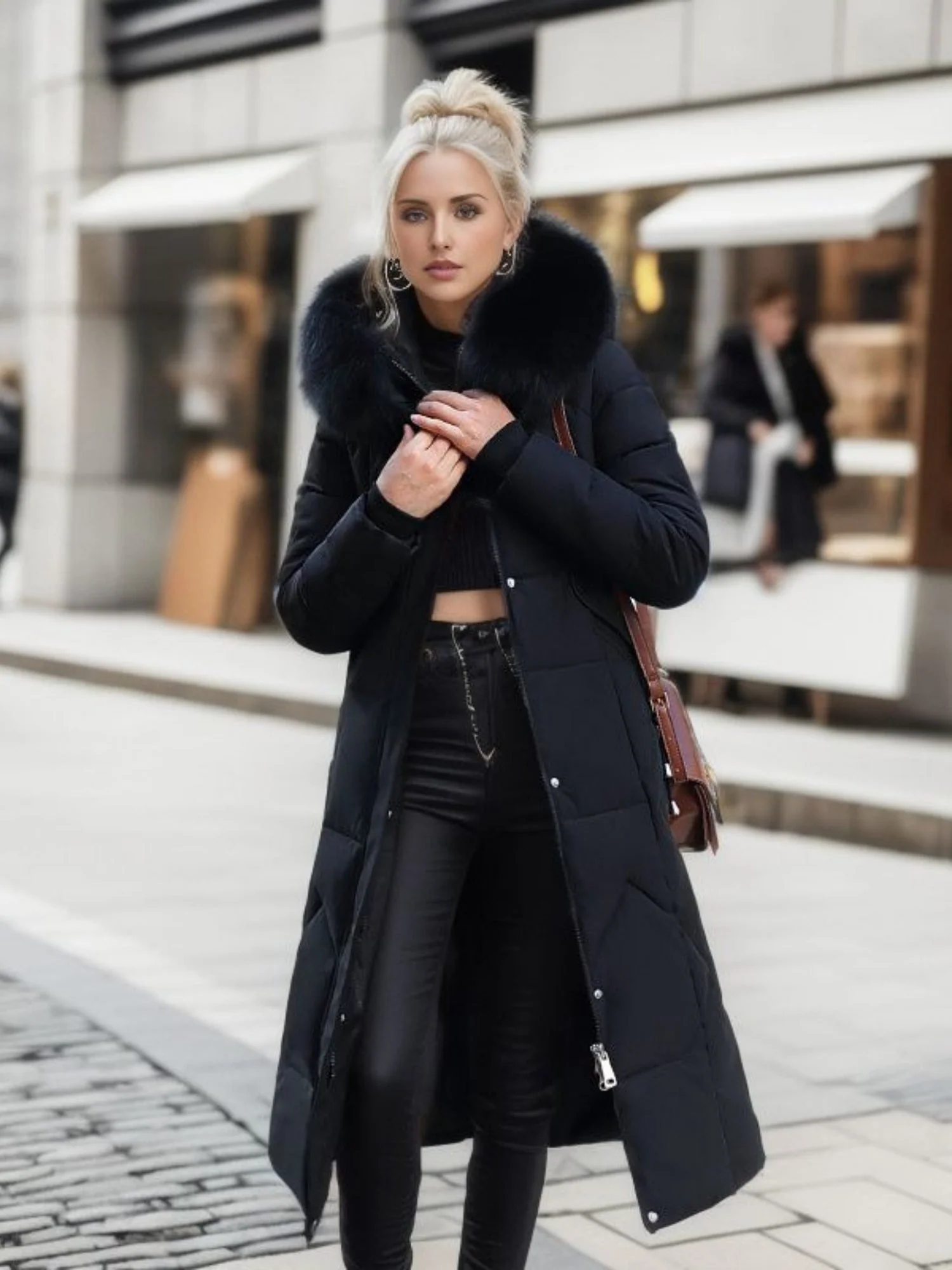 Thick Fur Collar Over-the-knee Mid-length Pocket Down Jacket - Image 7
