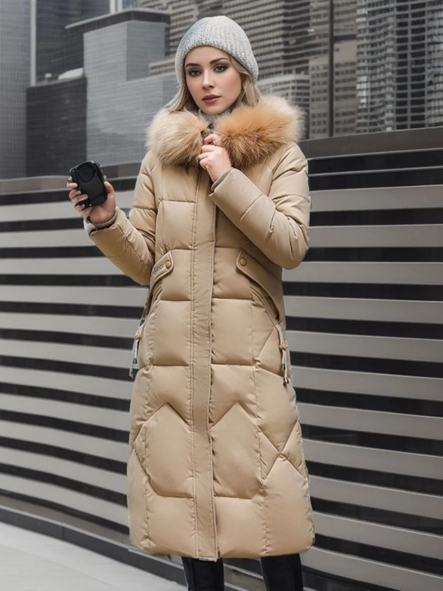 Thick Fur Collar Over-the-knee Mid-length Pocket Down Jacket - Image 8