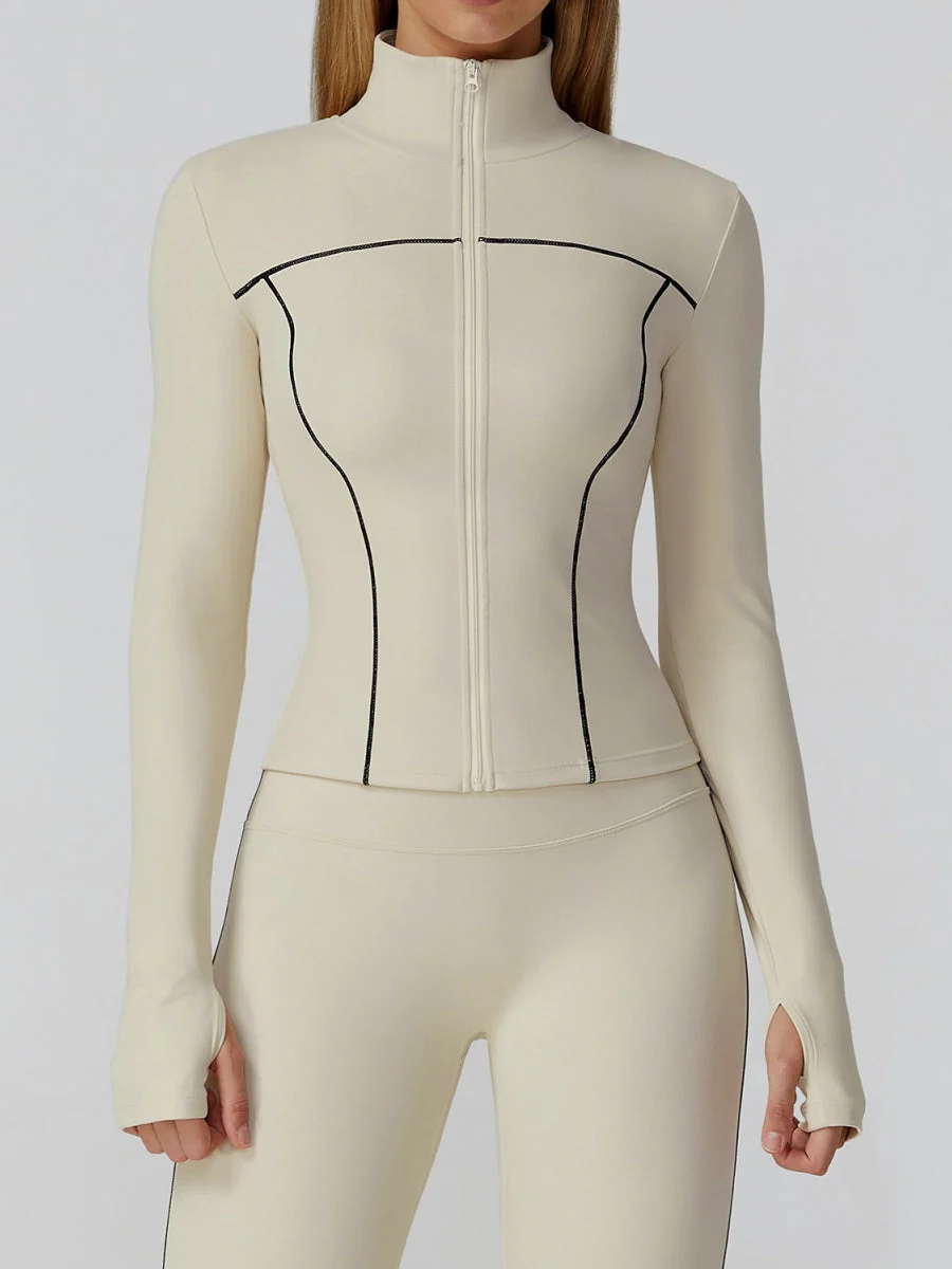 Color-blocked Brushed Yoga Jacket With Zipper, Windproof And Slim Fit