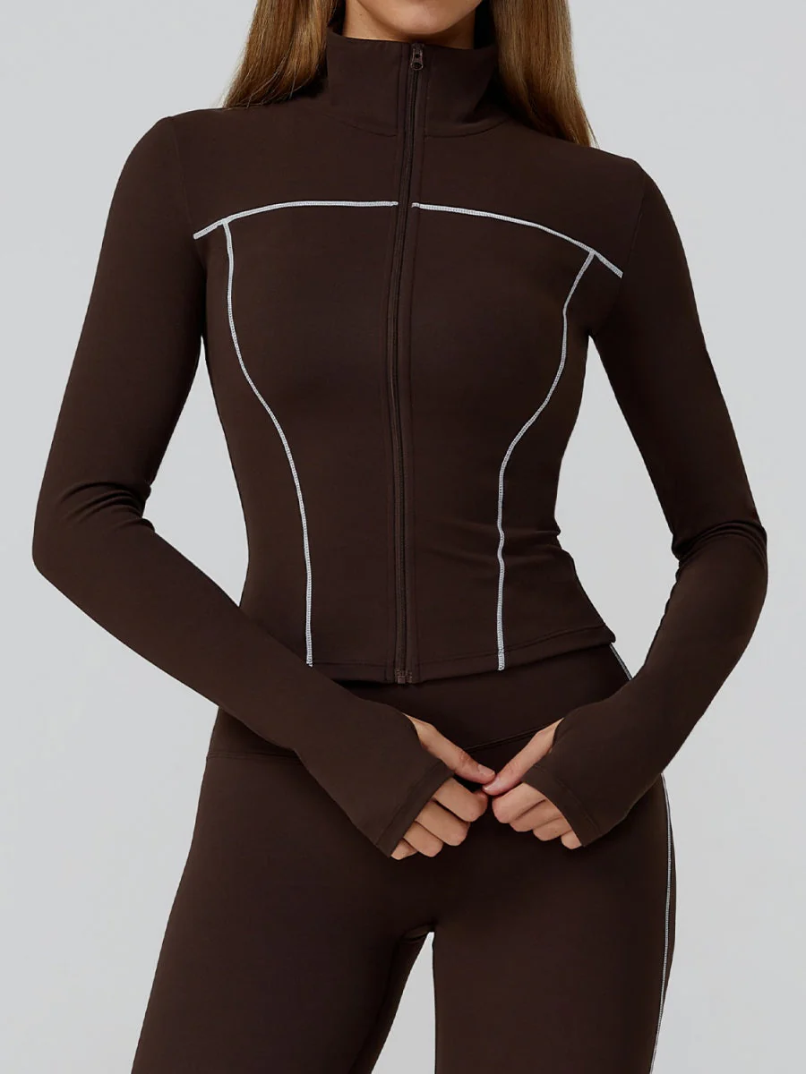 Color-blocked Brushed Yoga Jacket With Zipper, Windproof And Slim Fit - Image 12