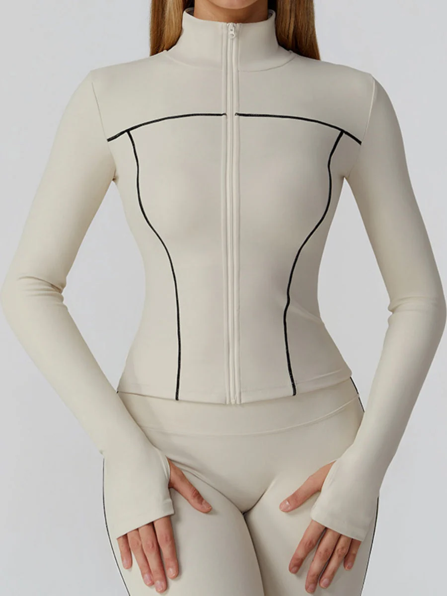 Color-blocked Brushed Yoga Jacket With Zipper, Windproof And Slim Fit - Image 2