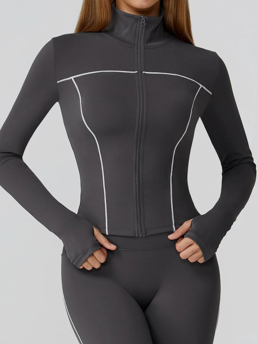 Color-blocked Brushed Yoga Jacket With Zipper, Windproof And Slim Fit - Image 6