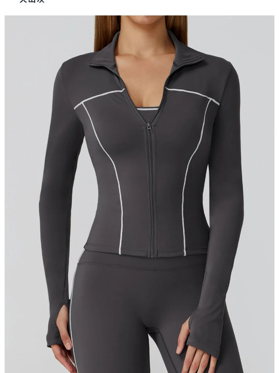 Color-blocked Brushed Yoga Jacket With Zipper, Windproof And Slim Fit - Image 7