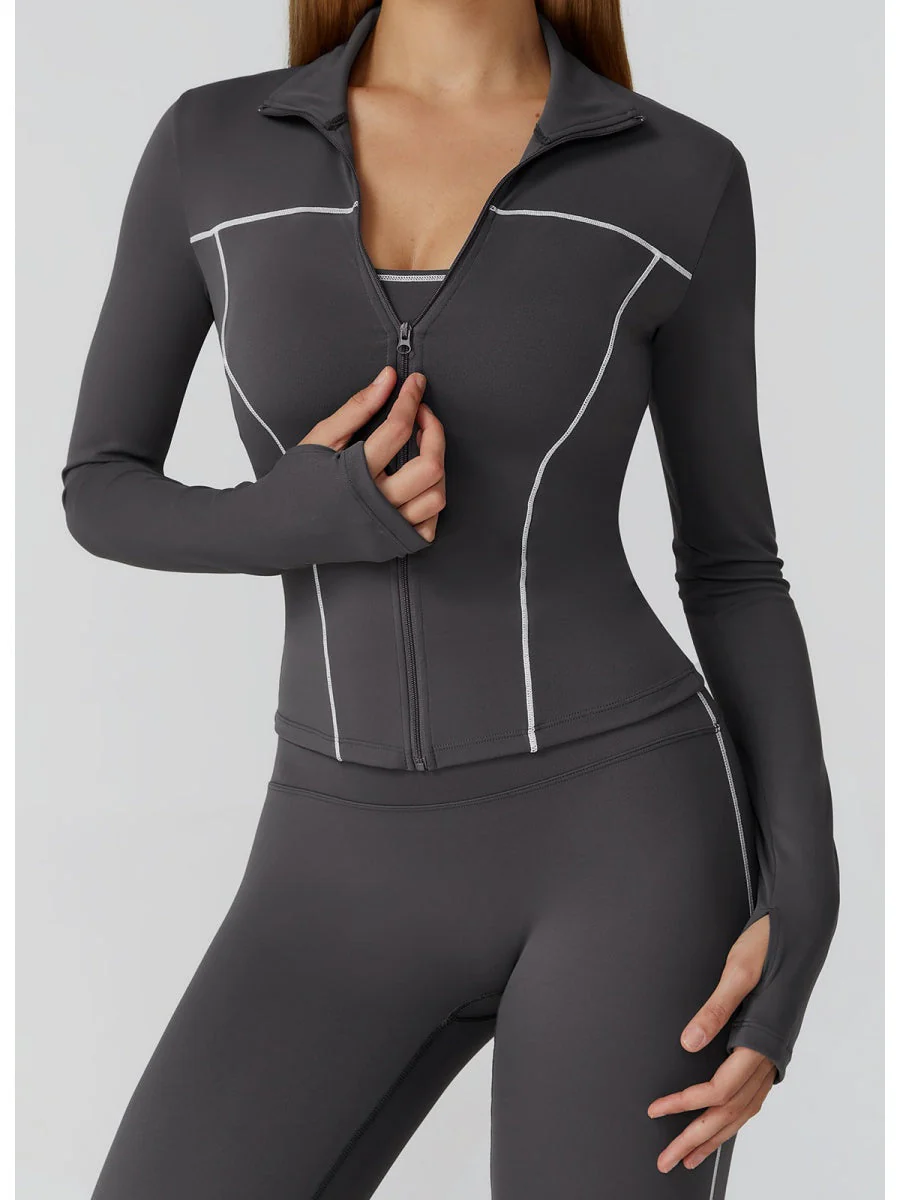 Color-blocked Brushed Yoga Jacket With Zipper, Windproof And Slim Fit - Image 9
