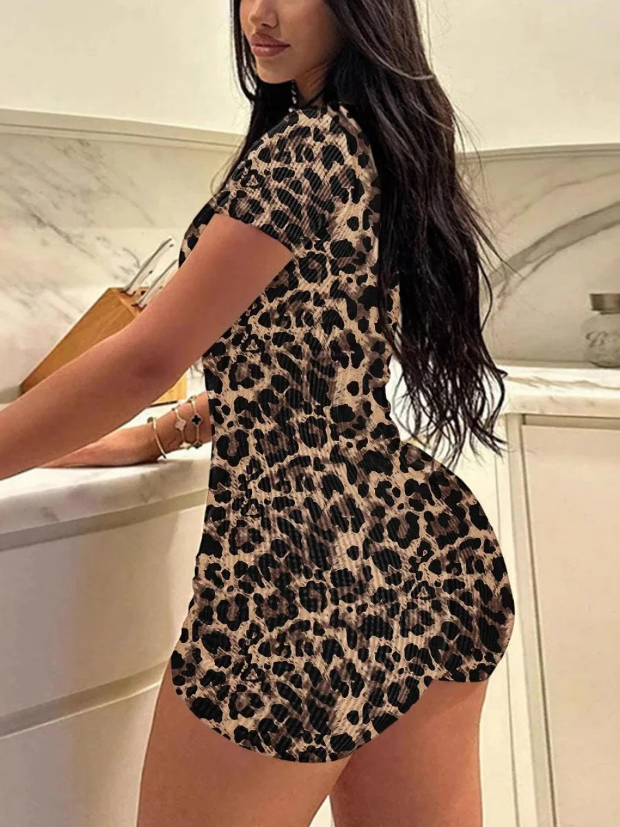 Leopard Print Short-sleeved V-neck Tight-fitting And Butt-lifting Jumpsuits - Image 2