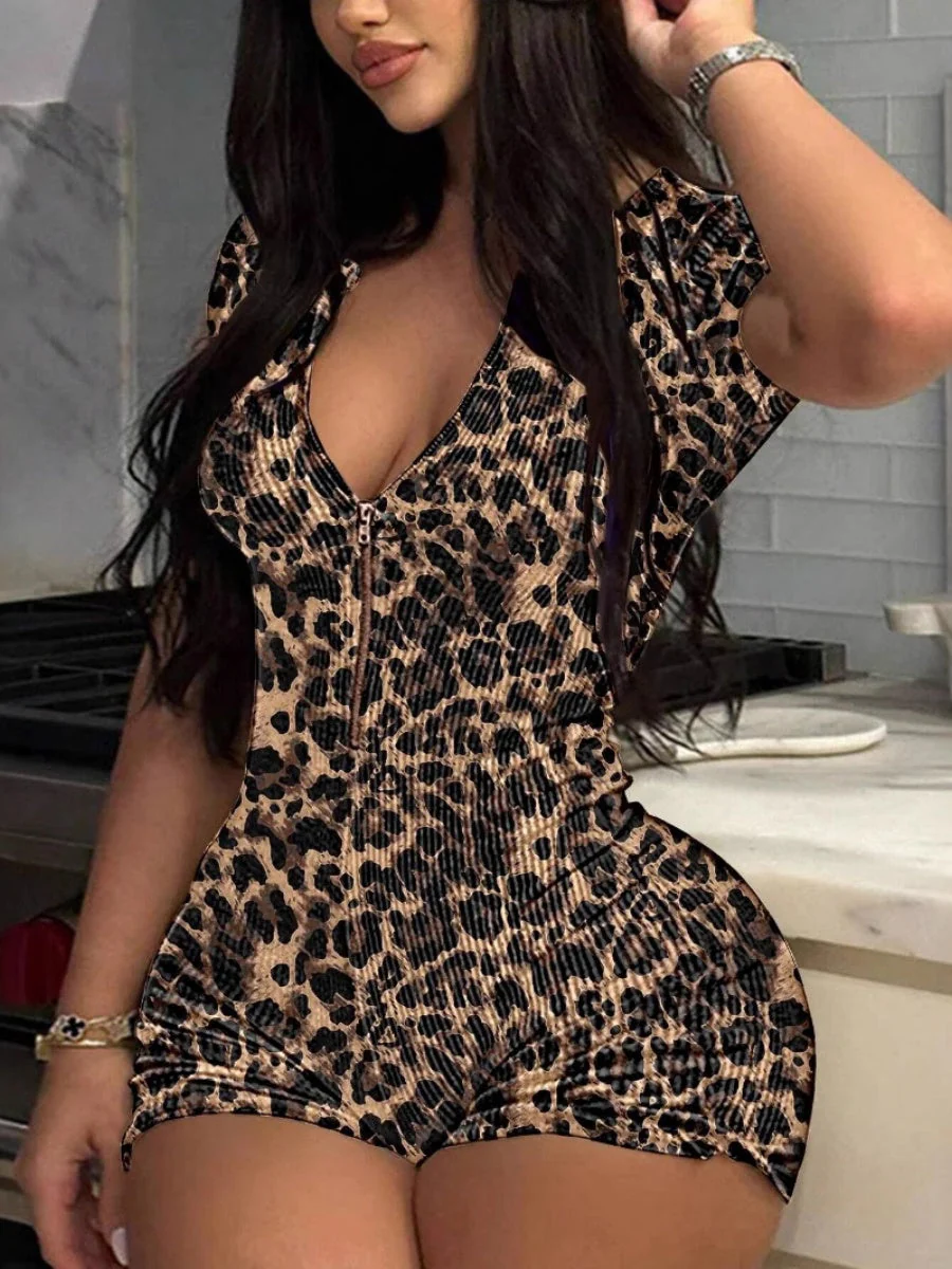 Leopard Print Short-sleeved V-neck Tight-fitting And Butt-lifting Jumpsuits - Image 3