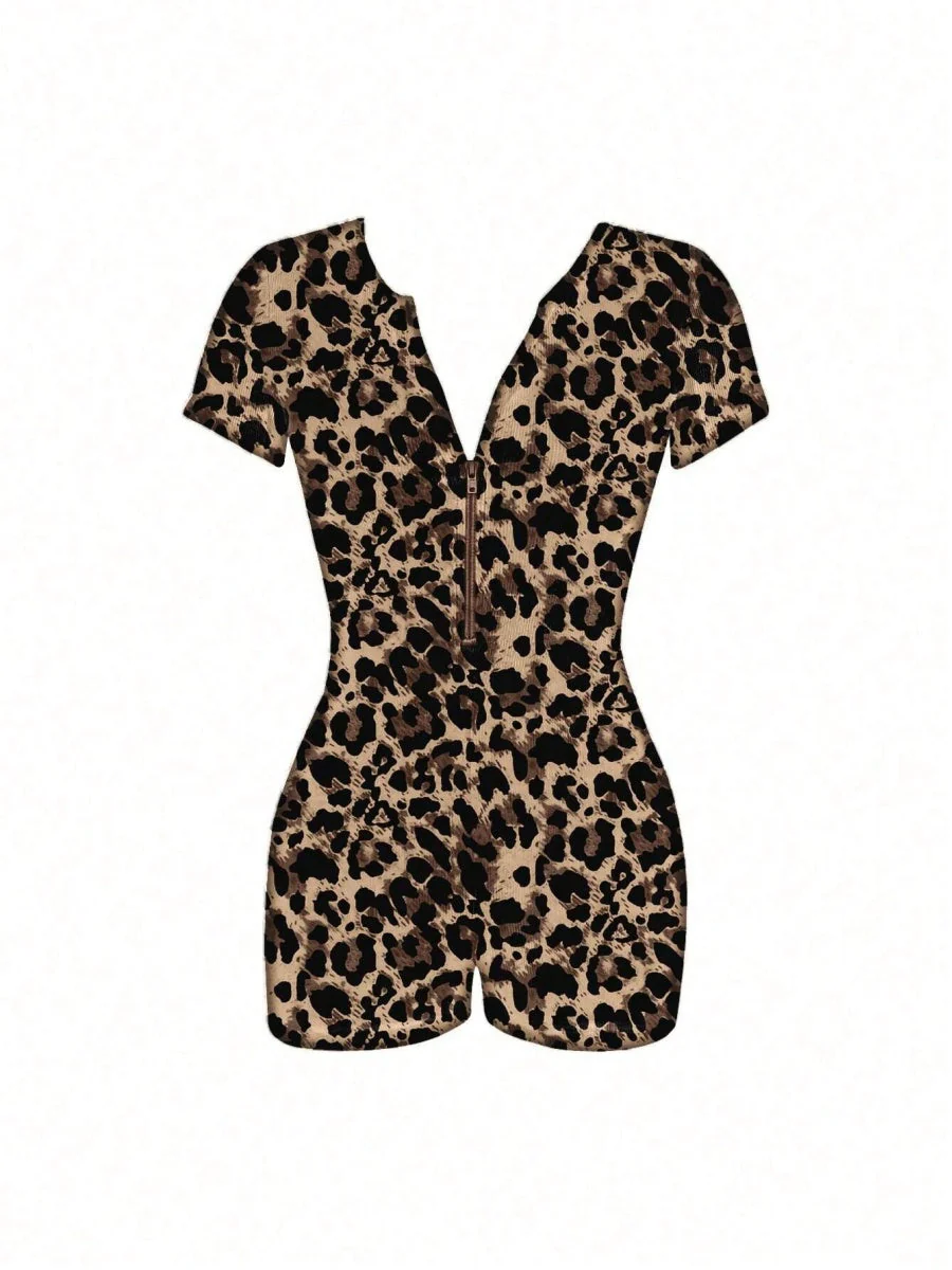 Leopard Print Short-sleeved V-neck Tight-fitting And Butt-lifting Jumpsuits - Image 5