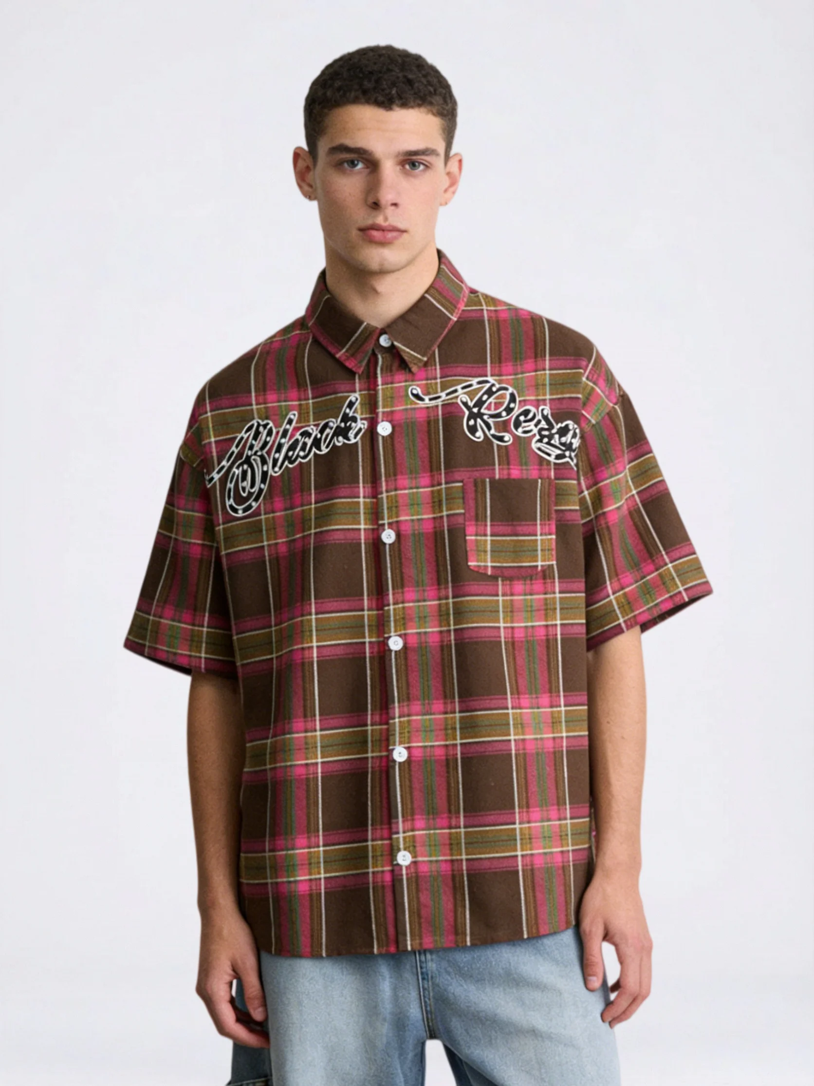 Blue Plaid Studs Letter Shirts