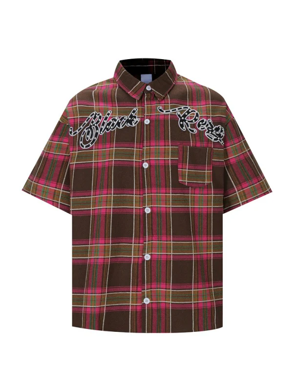Blue Plaid Studs Letter Shirts - Image 2