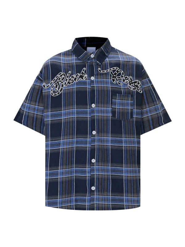 Blue Plaid Studs Letter Shirts - Image 3