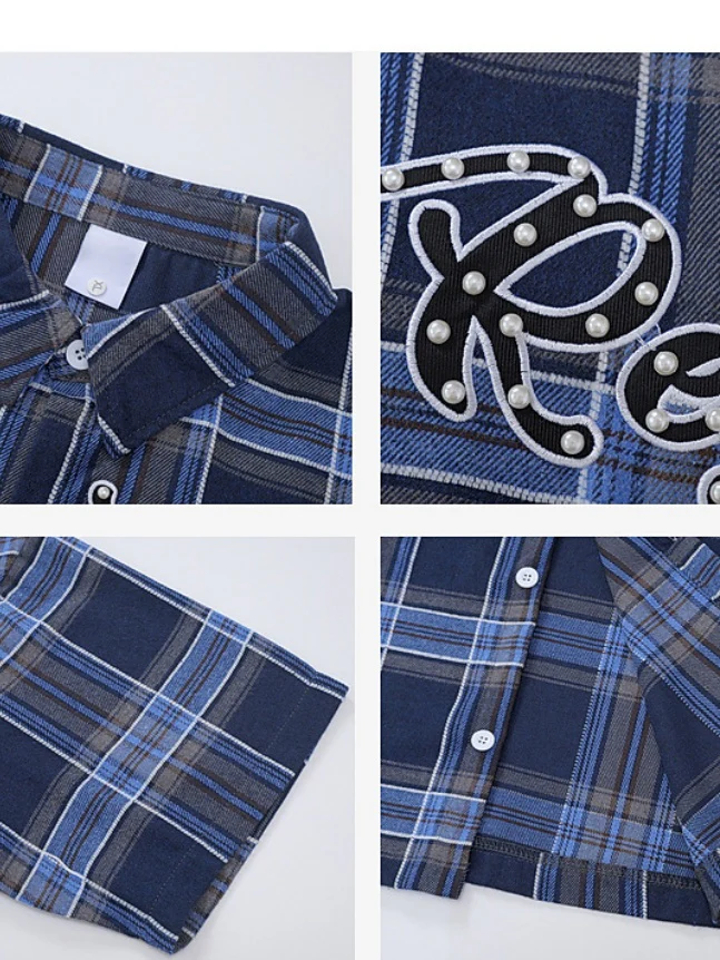 Blue Plaid Studs Letter Shirts - Image 4