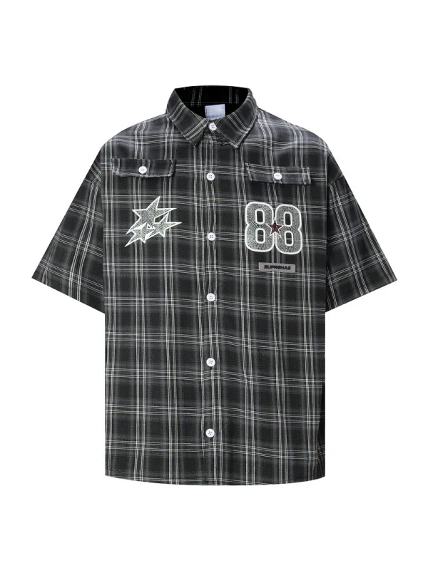 Rhinestone-studded Number Five-pointed Star Plaid Shirts - Image 2