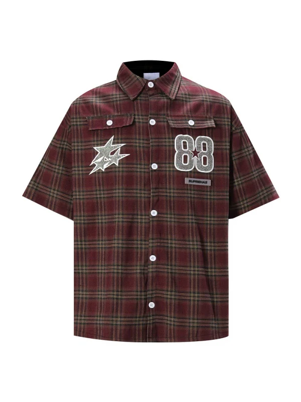Rhinestone-studded Number Five-pointed Star Plaid Shirts - Image 3
