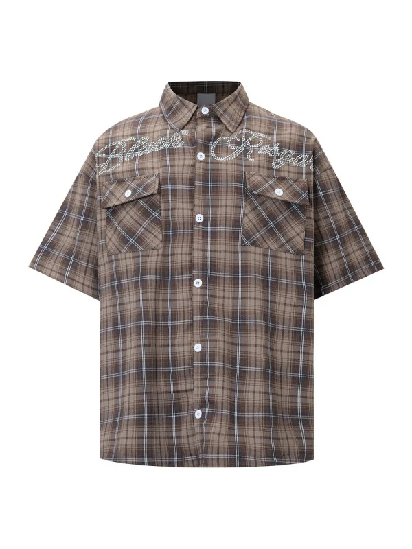 Retro Gradient Plaid Rhinestone-studded Letter Shirts - Image 2