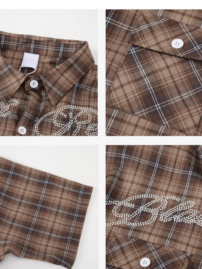 Retro Gradient Plaid Rhinestone-studded Letter Shirts - Image 3