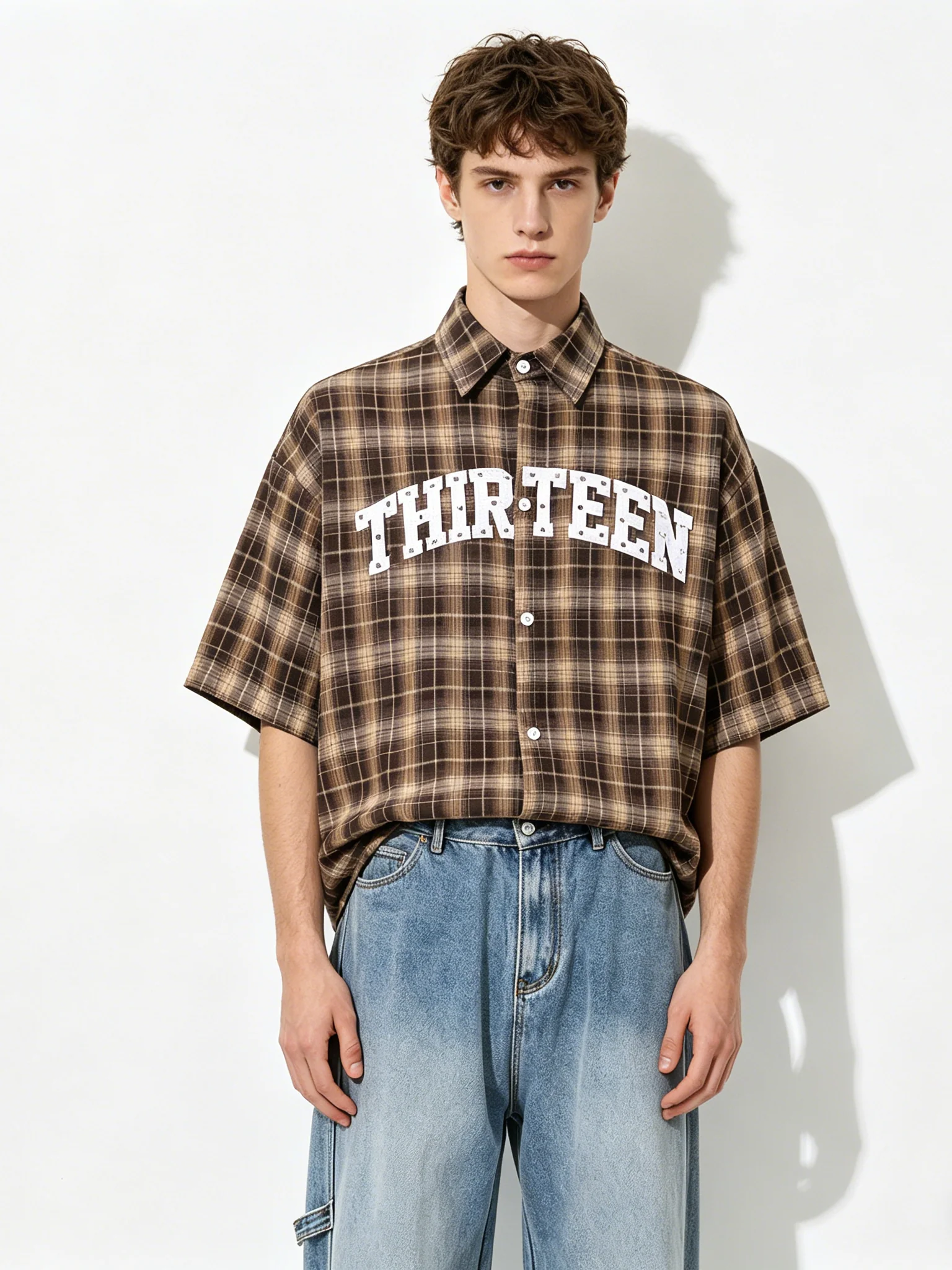 Retro Rivet Letter Embroidery Plaid Shirts
