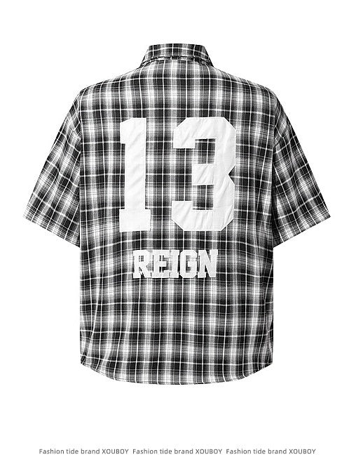 Retro Rivet Letter Embroidery Plaid Shirts - Image 6