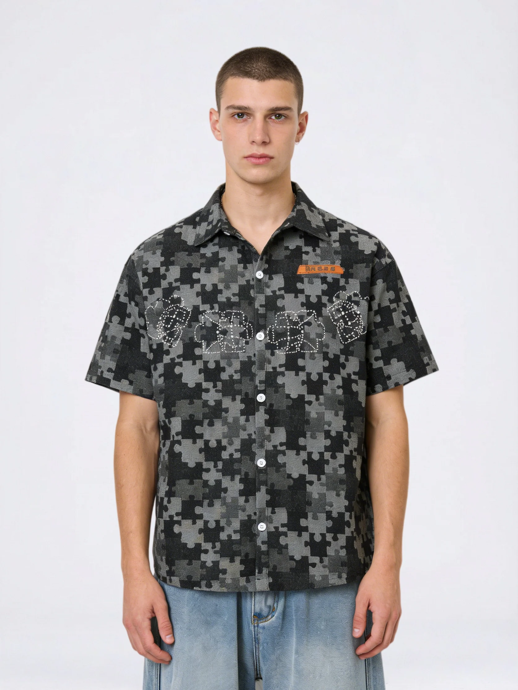 Retro Puzzle Rhinestone-studded Floral Shirts