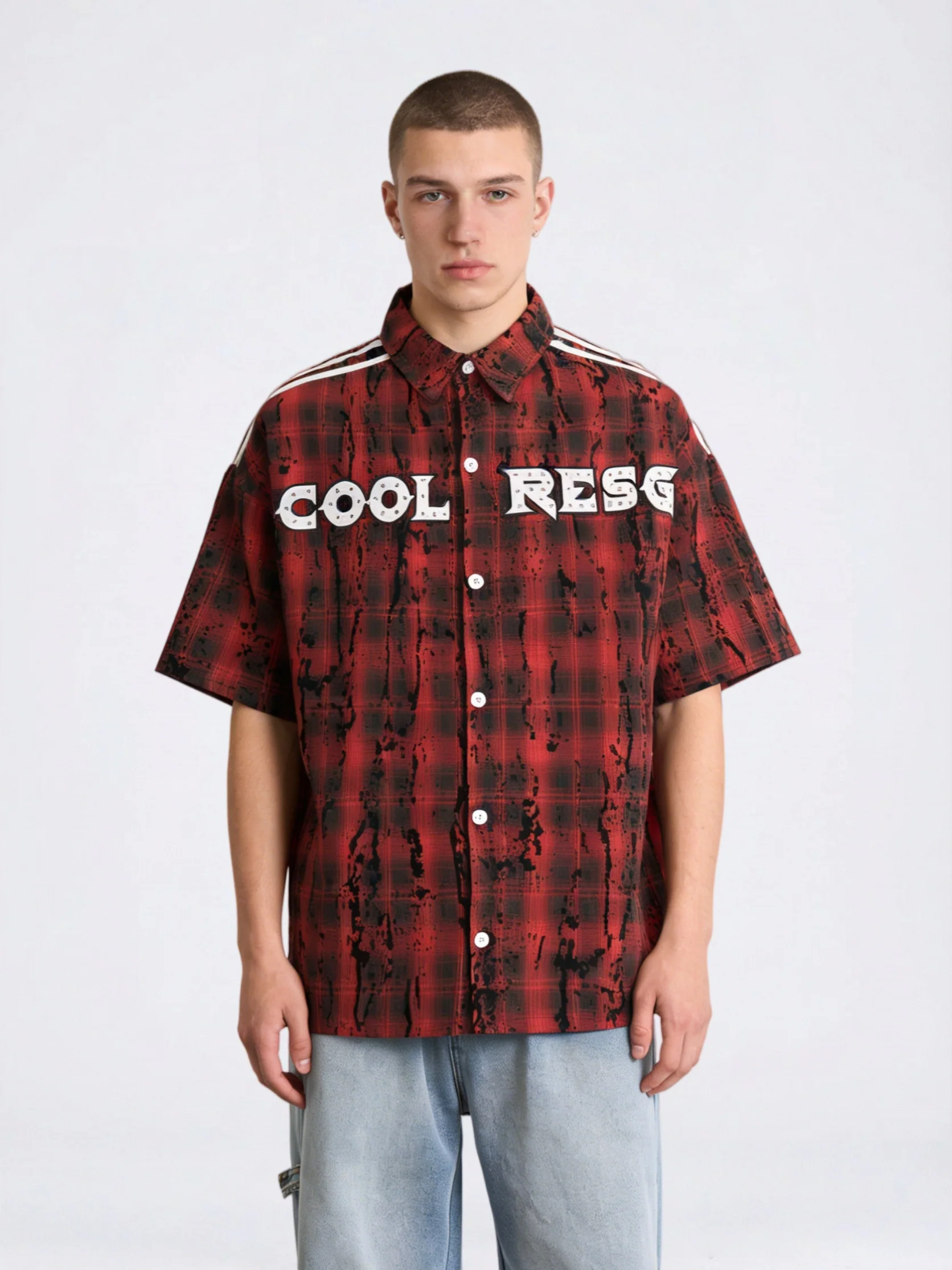 Splashed Ink Plaid Studs Letter Shirts