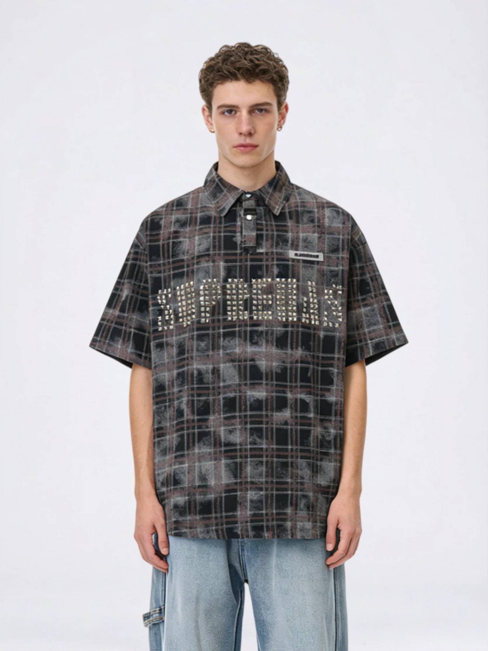 Distressed Tie-dye Plaid Studs Polo Shirts
