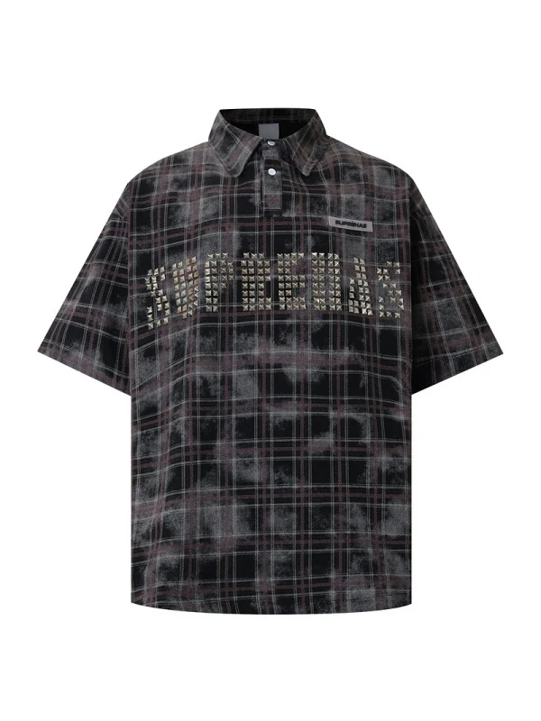 Distressed Tie-dye Plaid Studs Polo Shirts - Image 2
