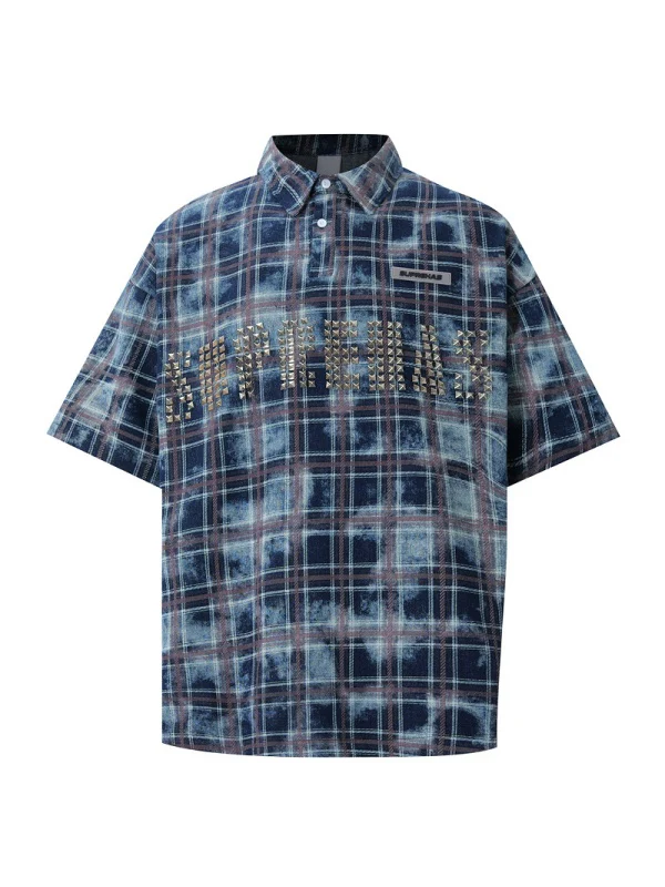 Distressed Tie-dye Plaid Studs Polo Shirts - Image 3