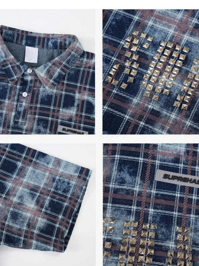 Distressed Tie-dye Plaid Studs Polo Shirts - Image 4