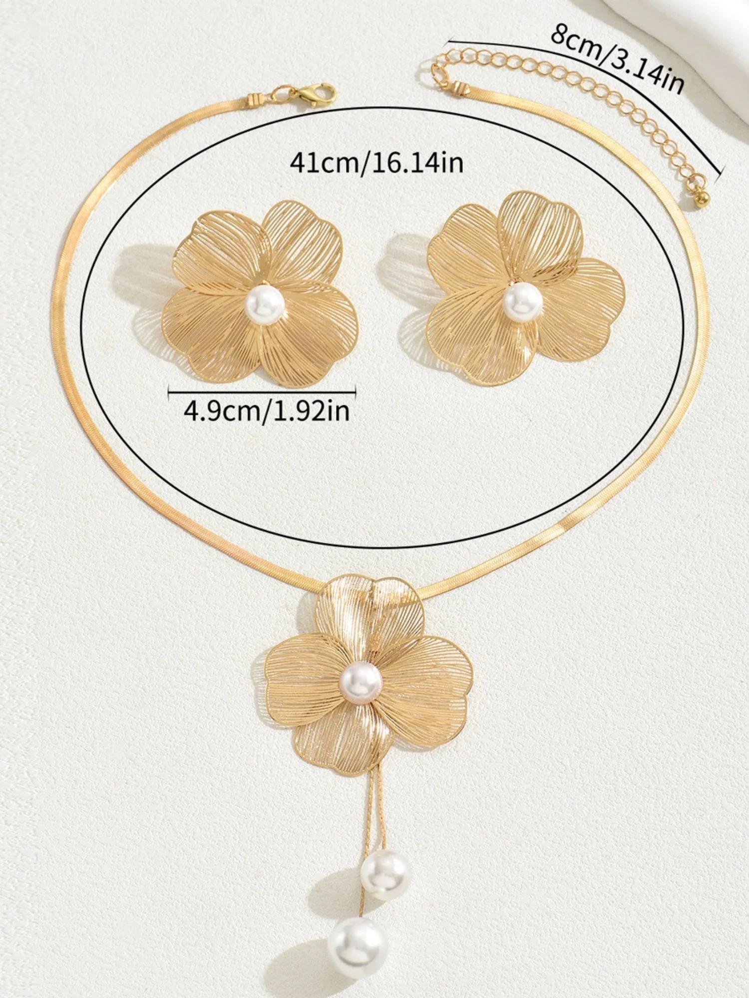 Flowers Inlaid With Pearls Necklace And Earrings Jewelry Sets - Image 4