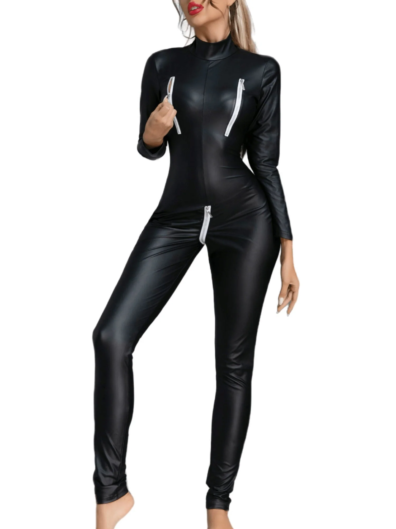 PU Leather Zipper Open Crotch Long Sleeves Jumpsuits - Image 3